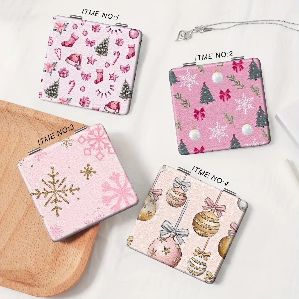 Pink Christmas Ornament Snowflake Tree Print Compact Mirror, Double Sided Foldable Pocket Makeup Mirror, Cute Holiday Portable Travel Cosmetic Mirror, Christmas Gift for Girls Women