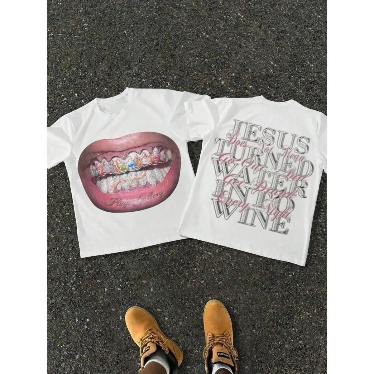 Women's Loose-Fitting Crew Neck T-Shirt - Realistic Diamond Grillz Lips, Biblical Print Sleeve, Jesus Wine Slogan, Religious Hip Hop Aesthetic, Outdoors, Daily Commute, Cold Wash Unisex Summer Top, Machine Washable, Pure Cotton