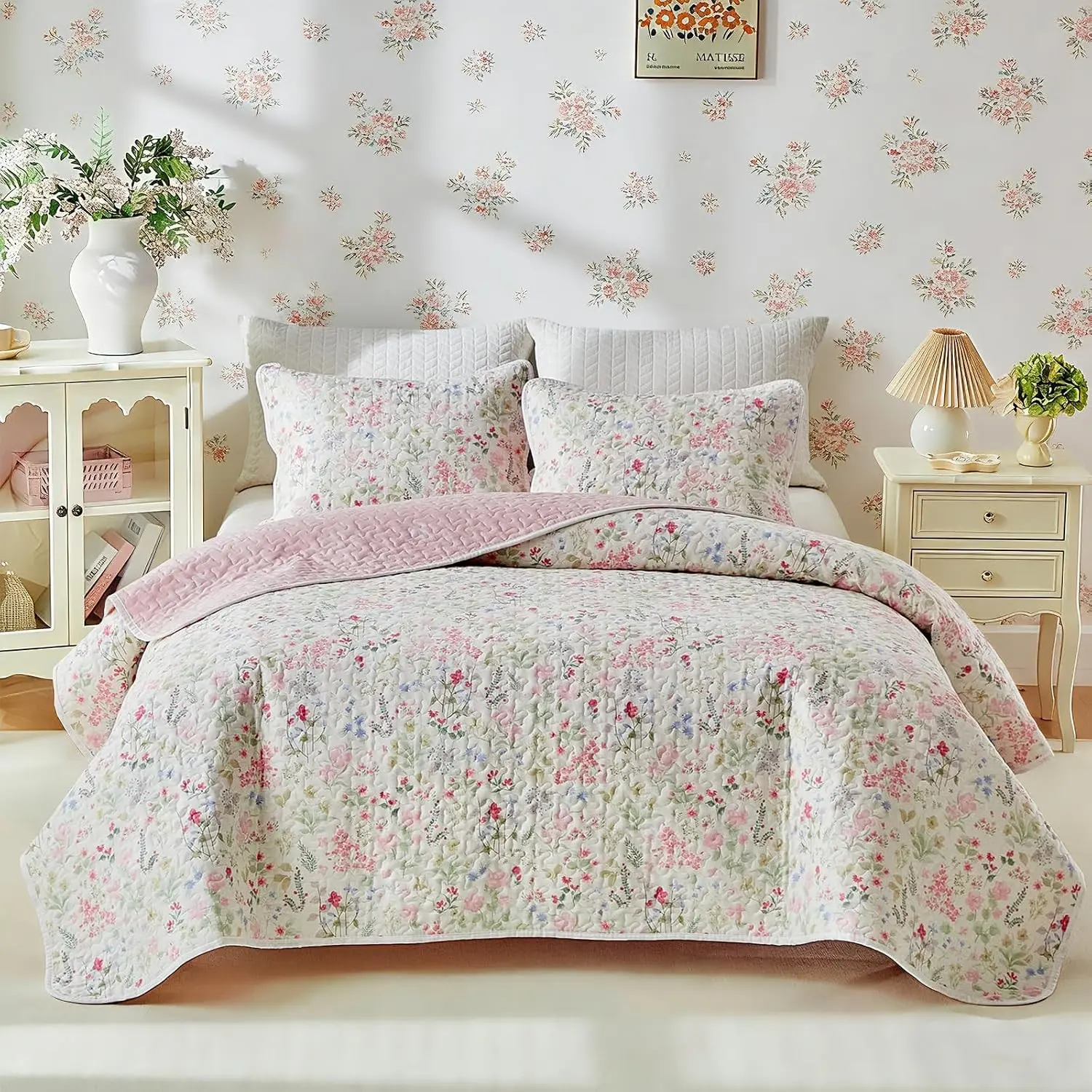 2 Pieces Twin Size Floral Cotton Quilt Set for Girls, Colorful Flower & Leaf Design, Cozy Lightweight Cotton Quilt Bedspread Cover for All Season, 68x88 Inches