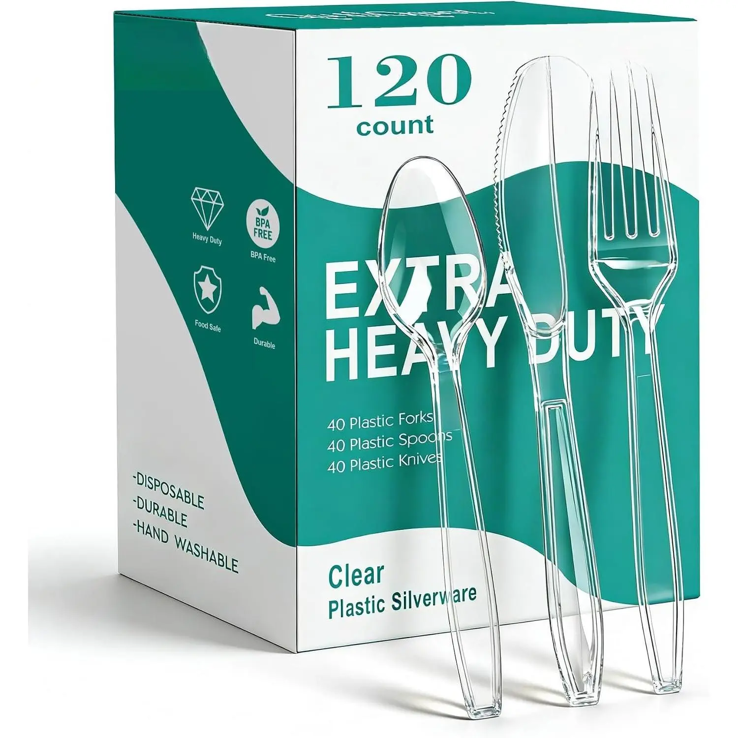 120 Count Heavy Duty Clear Plastic Silverware, 40 Forks, 40 Spoons, 40 ,  and Heat Resistant, Disposable Cutlery set,  Clear Utencils for Party and Daily Use