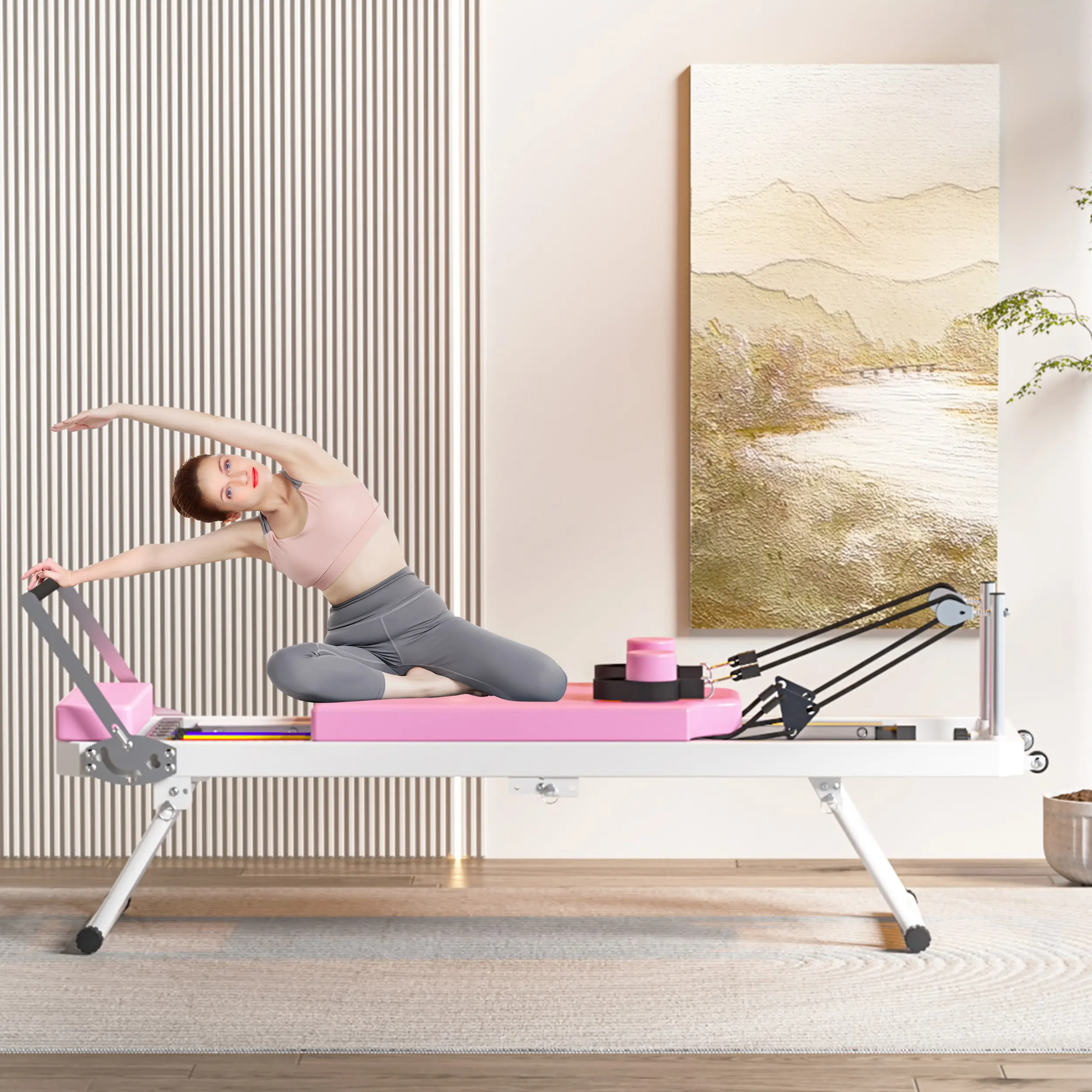 Nokaa Foldable Pilates Reformer Machine for Home Gym – Pink Iron Frame with 5 Elastic Cords, 330.5 lbs Capacity, Space-Saving Storage, Yoga Studio Fitness Equipment