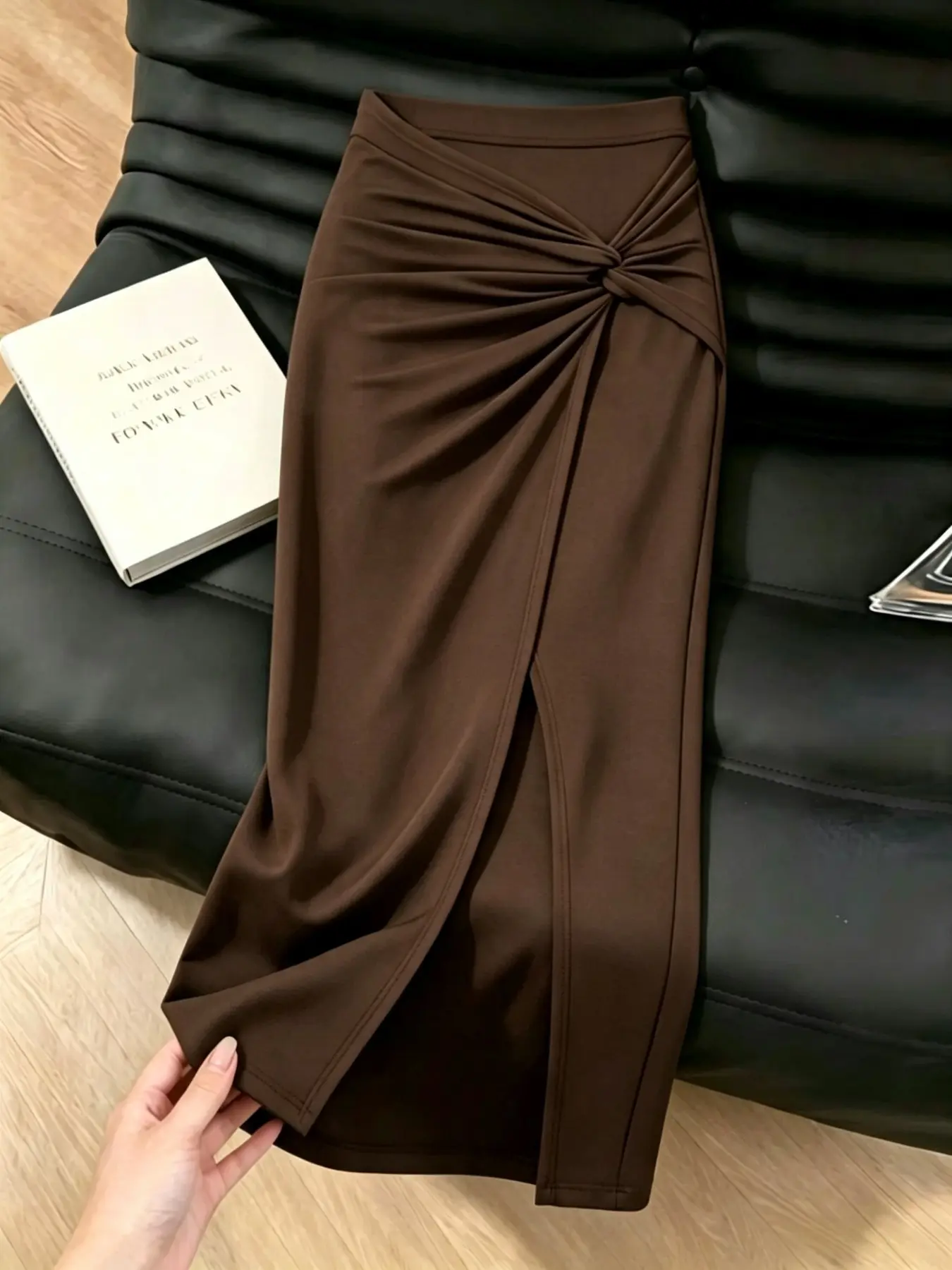 Design Sensational Knot Pleated Midi Skirt, High Waist Slimming Split A-Line Dress, Soft Stretch Fabric Office Wear Half-Length Skirt, High Waisted Skirt
