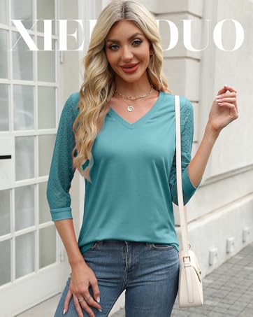 WIHOLL 3/4 Length Sleeve Womens Tops V-Neck Lace Tunic Tops Business Casual Blouses 2025 SpringStatements