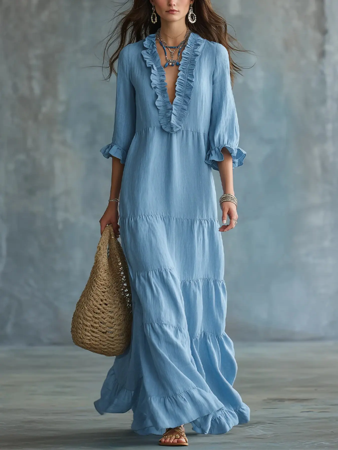 New Bohemian Boho Style Dress for Women, Ruffled Sleeve Deep V Neck Loose Solid Color, Vacation Beach Travel Photo Long Dress