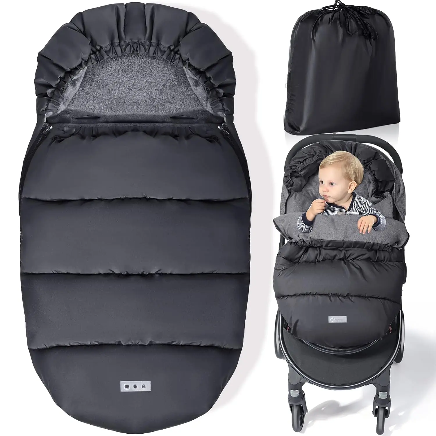 Universal Stroller Footmuff, Winter Baby Stroller Bunting Bag, Warm Coral Fleece Stroller Sleeping Bag  Cold Weather, Waterproof & Windproof, Baby Winter Must Have, Black
