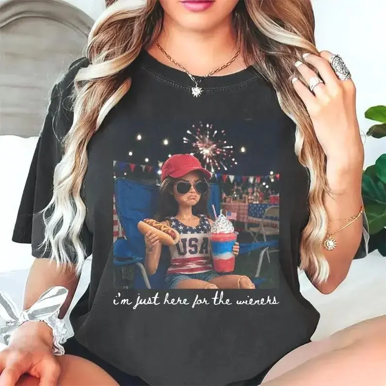 Comfort Colors 4th Of July Barbie Face Meme T Shirt, Fun Doll Just Here For The Wieners TShirt, USA 250th Anniversary Humor Graphic Tee