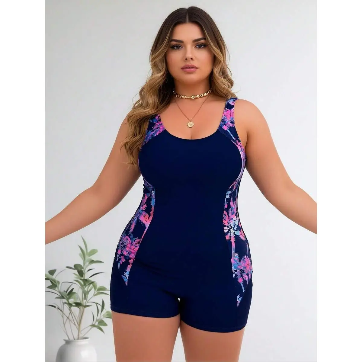 Female Plus Size Navy Blue Palm Print Boyleg Racerback Cut Tummy Control Swimsuit, Beach Wear for Sports & Outdoor Activities