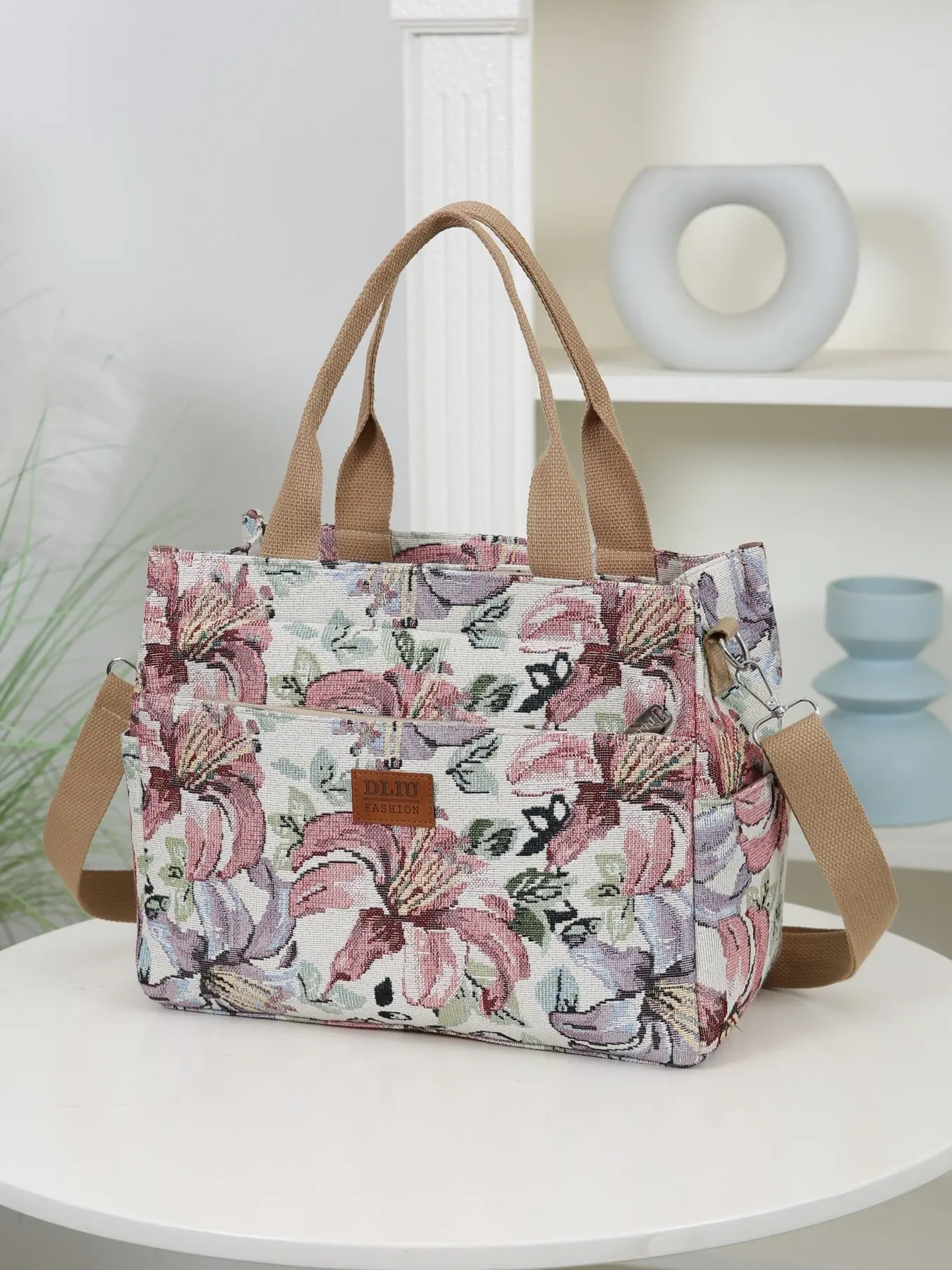 New Large Capacity Thick Knit Jacquard Fabric Handbag, Floral Pattern Crossbody Bag, Multifunctional Shoulder Bag, Storage Bag, Daily Use