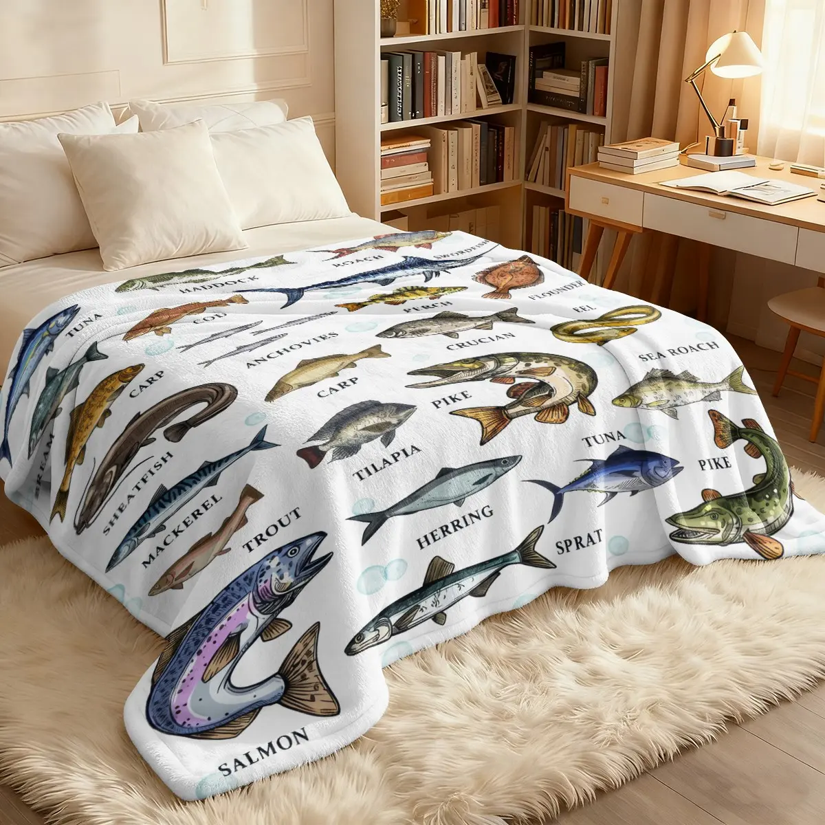 Fish Species Guide Flannel Blanket, Soft Camping Cover for Fishing Enthusiasts, Ideal Gift for Outdoor Lovers, Cozy and Durable