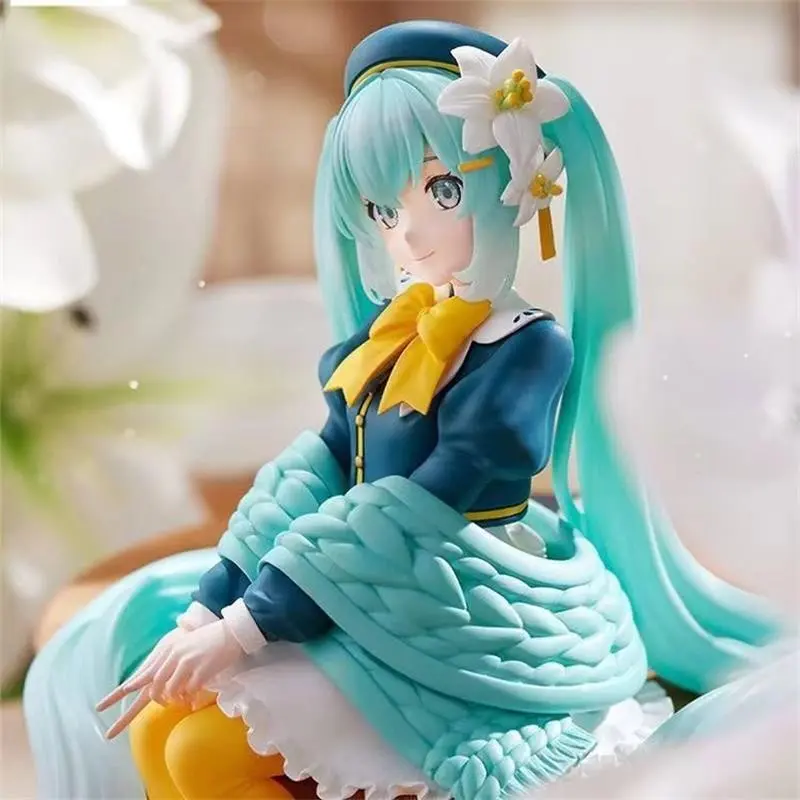 5.71 Inch Hatsune Miku Anime Figure, Vocaloid Winter Knit Sweater Sitting Statue, Cute Girl Collectible Doll, Desktop Display Gift, Desktop Decor Figures