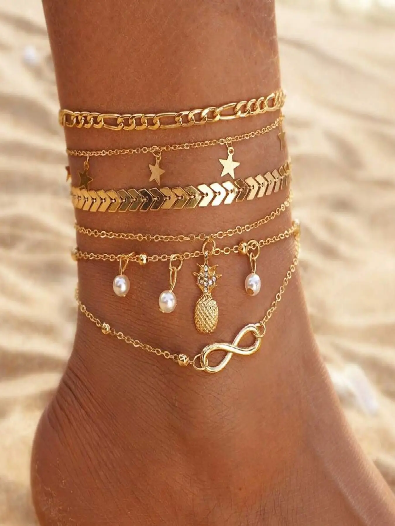 6pcs/Set Bohemian Style Pineapple Pearl Star Anklet, Women Jewelry, Gold Plated, Suitable For Daily Wear, Wedding, Party, Gift
