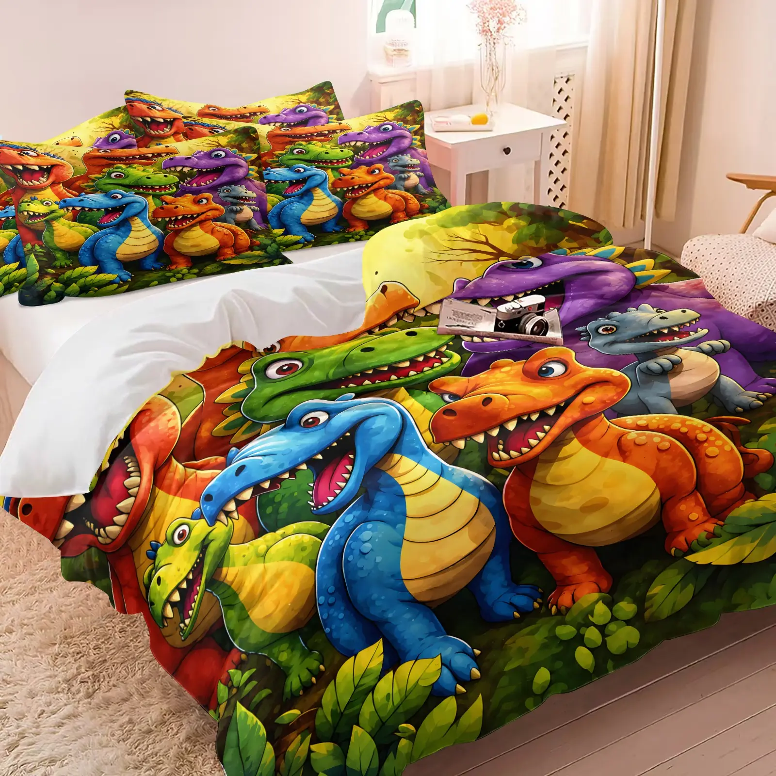 2/3Pcs Cozy Colorful Cartoon Dinosaur Comforter Set Cute T-Rex Jungle Leaf Bright Multicolor Dino Print Bedding Soft Lightweight All Season Bed Set For Toddler Kids Boys Dino Themed Bedroom