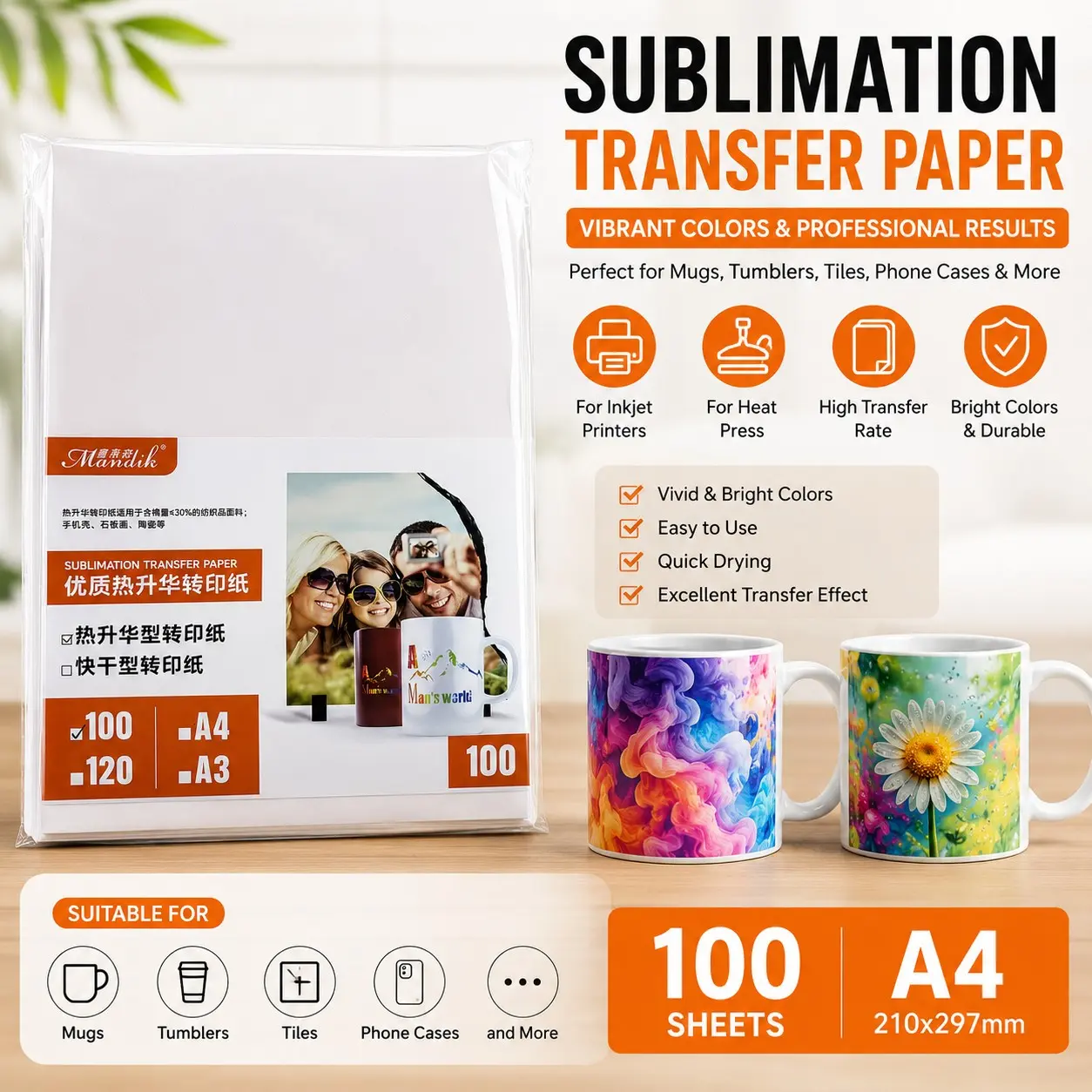 A4 Heat Transfer Paper 100 Sheets, Quick Dry, Compatible with Inkjet, Ideal for DIY Customization, Cups, T-Shirts, Ceramics, Phone Cases, DIY Craft Supplies