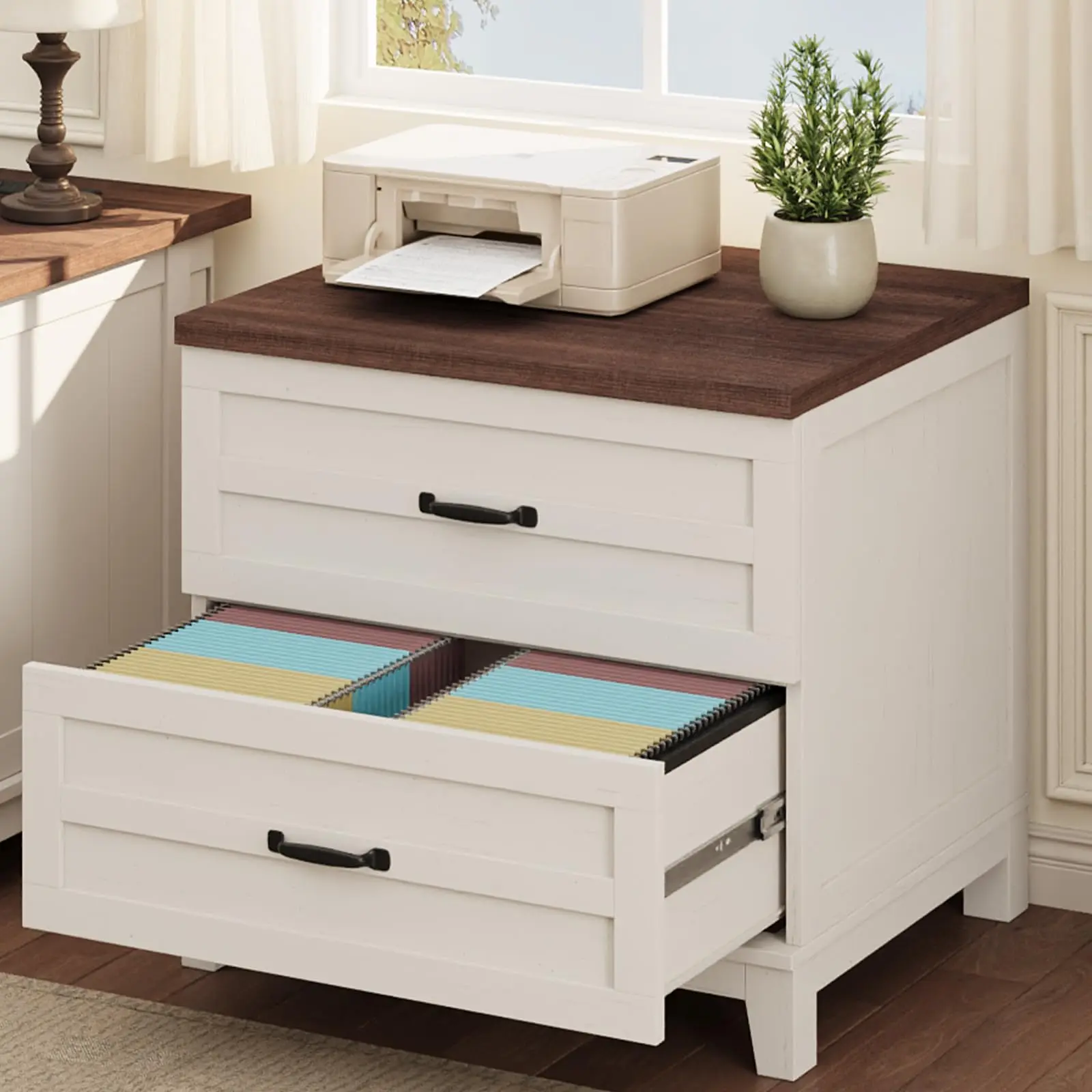 Garvee Lateral File Cabinet with Two Deep Drawers, Farmhouse Style Large Wooden Filing Storage Cabinet with Hanging for Legal, Letter, A4 Sizes, Thick Tabletop, Sturdy Frame, White & Retro Brown for Home Office