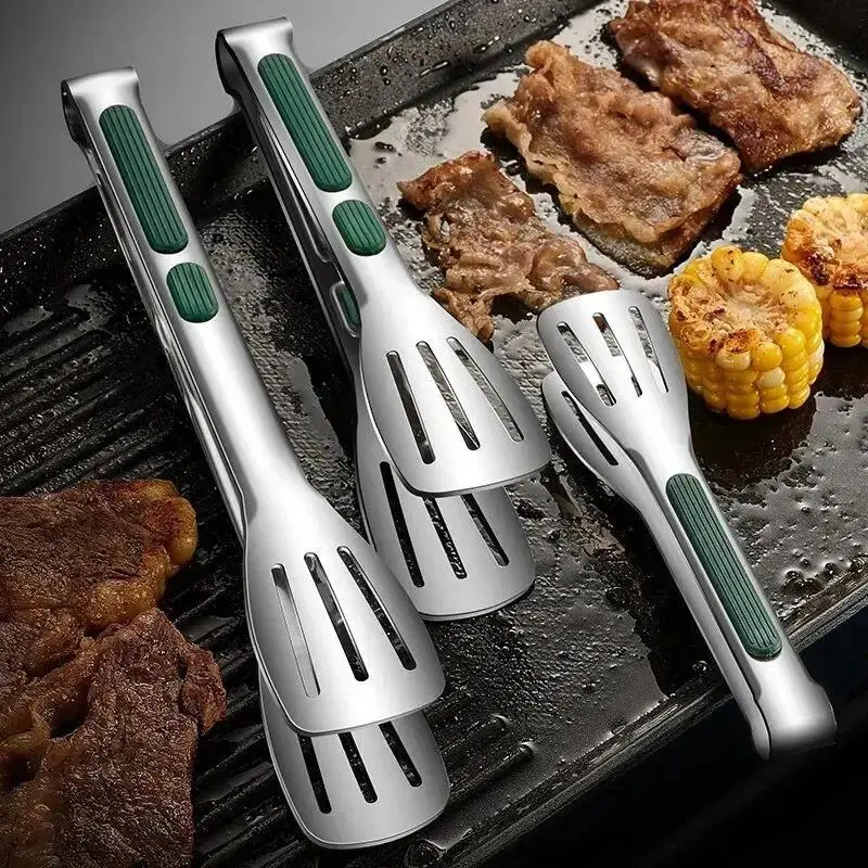 Stainless Steel Barbecue Tong - 1-Piece Silver Non-Slip Silicone-Tipped, Oil-Resistant, Durable, Labor-Saving Daily Kitchen Utensil for Salad, BBQ, Grill Utensils, Outdoor Bbq Utensils