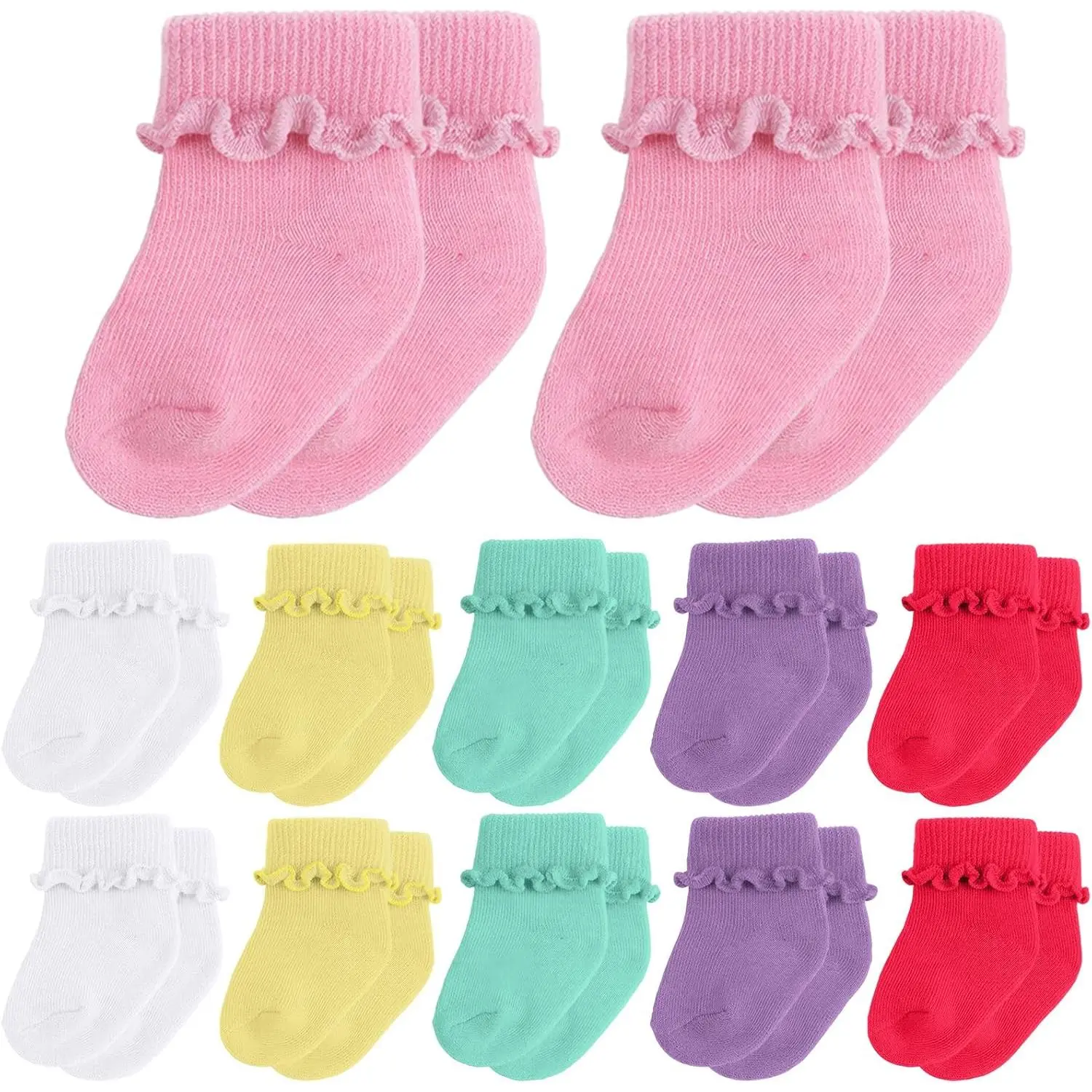 12 Pairs Preemie Newborn Baby Ankle Socks Ruffle Turn Cuff Cotton Non-slip Warm Socks  Girls and Boys Infant New model