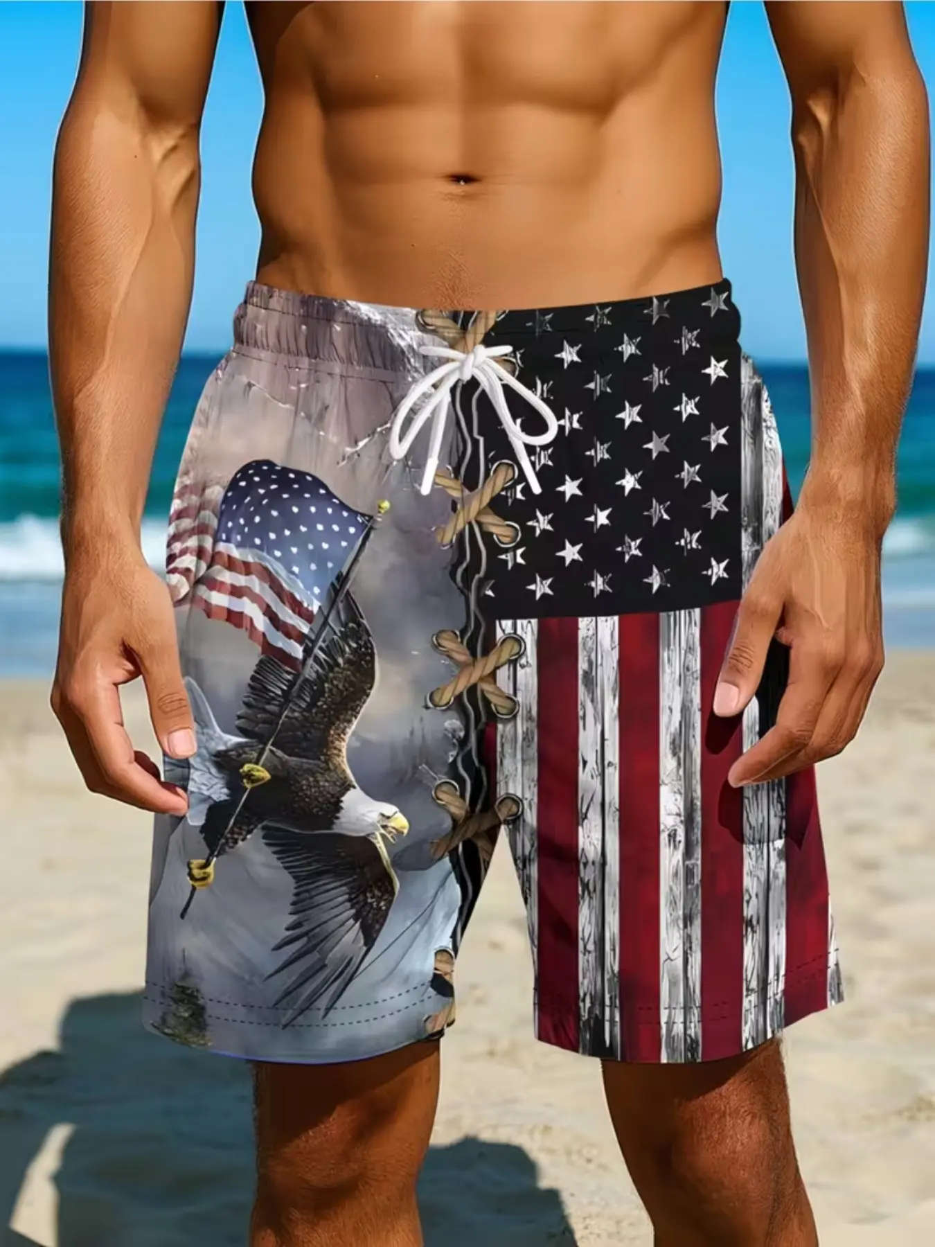 Summer Men's Star-Spangled American Flag Eagle Print Hawaiian Beach Shorts, Quick-Dry Breathable Swim Trunks, Swimwear Shorts, Independence Day Leisure Pants