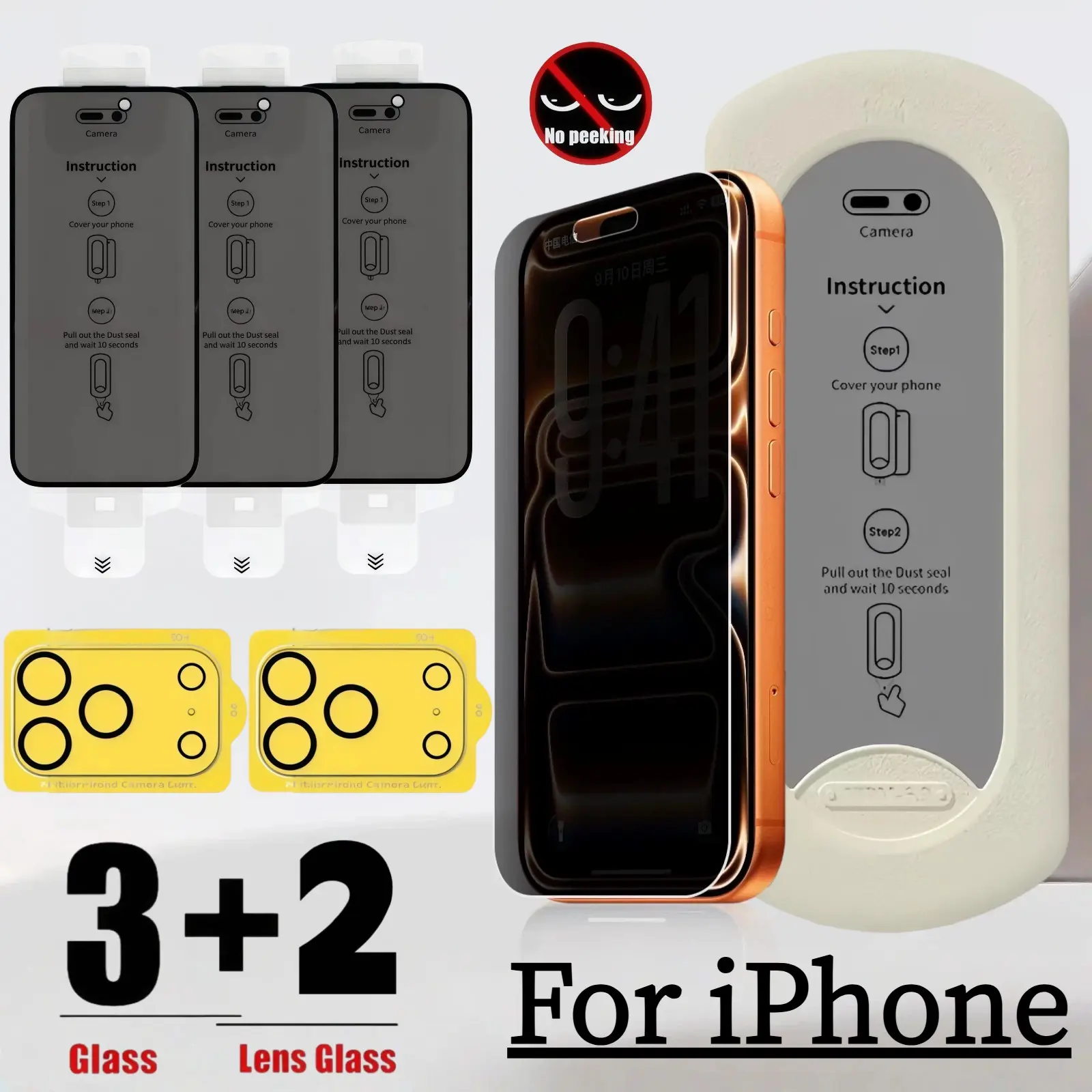 iPhone Screen Protector Set, Anti-Spy Tempered Glass, 9h Hardness, Dust-Free, Bubble-Free, Easy Install, Scratch-Resistant, Privacy Protection