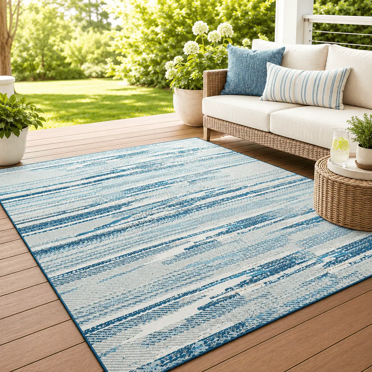 ORHOPUI Outdoor Washable Area Rug, 5x7 FT Blue Abstract Low-Pile Floor Carpet, Foldable Lightweight Easy-Care Decorative Rug with Non-Slip Backing, Modern Indoor Outdoor Rug for Patio, Deck, Porch, Balcony, RV, Camping and Outdoor Living Spaces