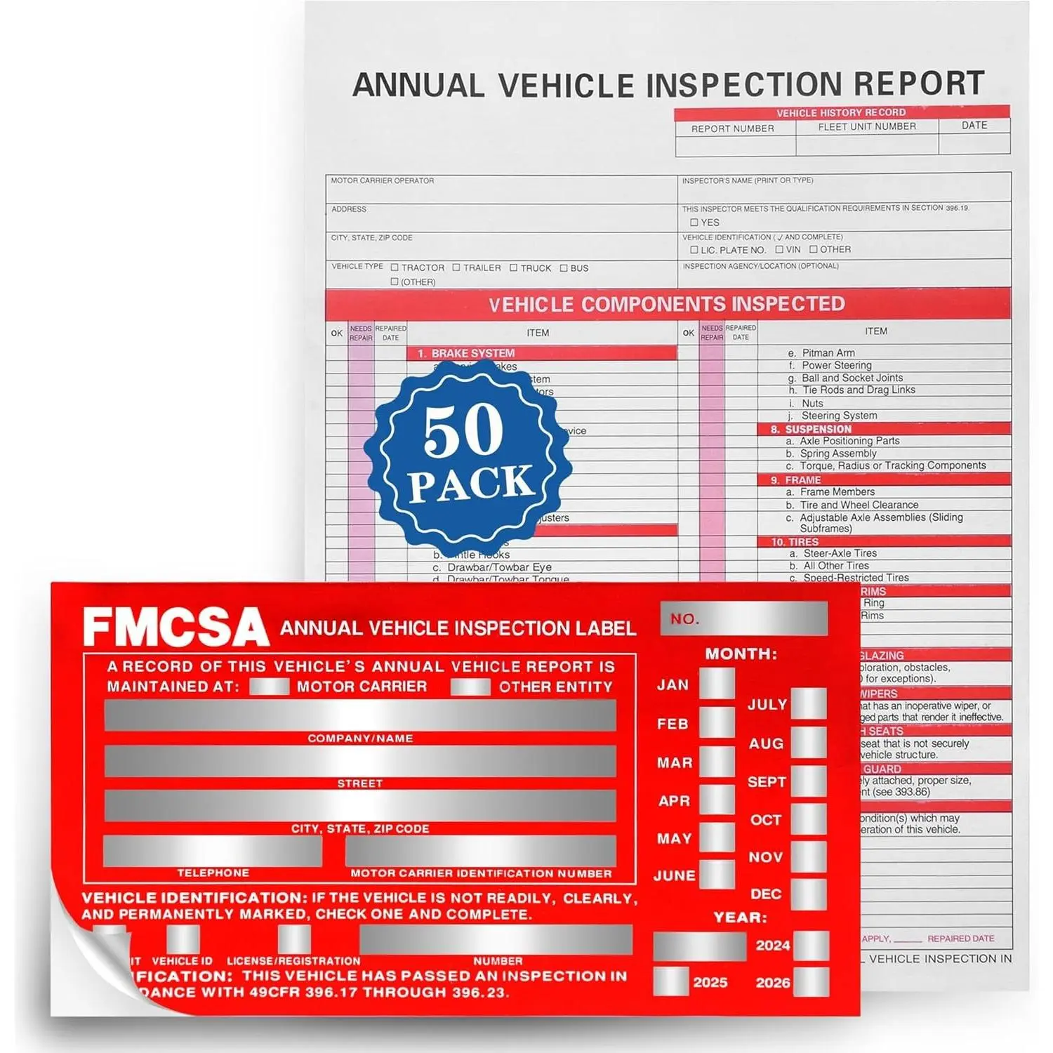50 Pack Inspection Forms and Stickers，Annual Inspection Sticker，Annual Inspection Forms and Stickers，Permanent Aluminum Adhesive Decals，3-Ply Carbonless Form.