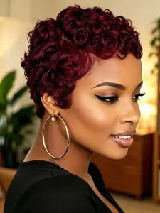 6 Inches Side Part Human Hair Short Pixie Cut Wig, Loose Curly Style for Women, Casual Look, No Bangs, Straight Hair Design, Black Women Wigs