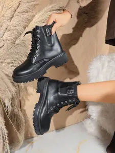 Classic Buckle Short Boots, Side Zip Thick Sole, Round Toe Lace-Up Work Boots, Streetwear Women's Shoes, All Season Trendy Short Boots