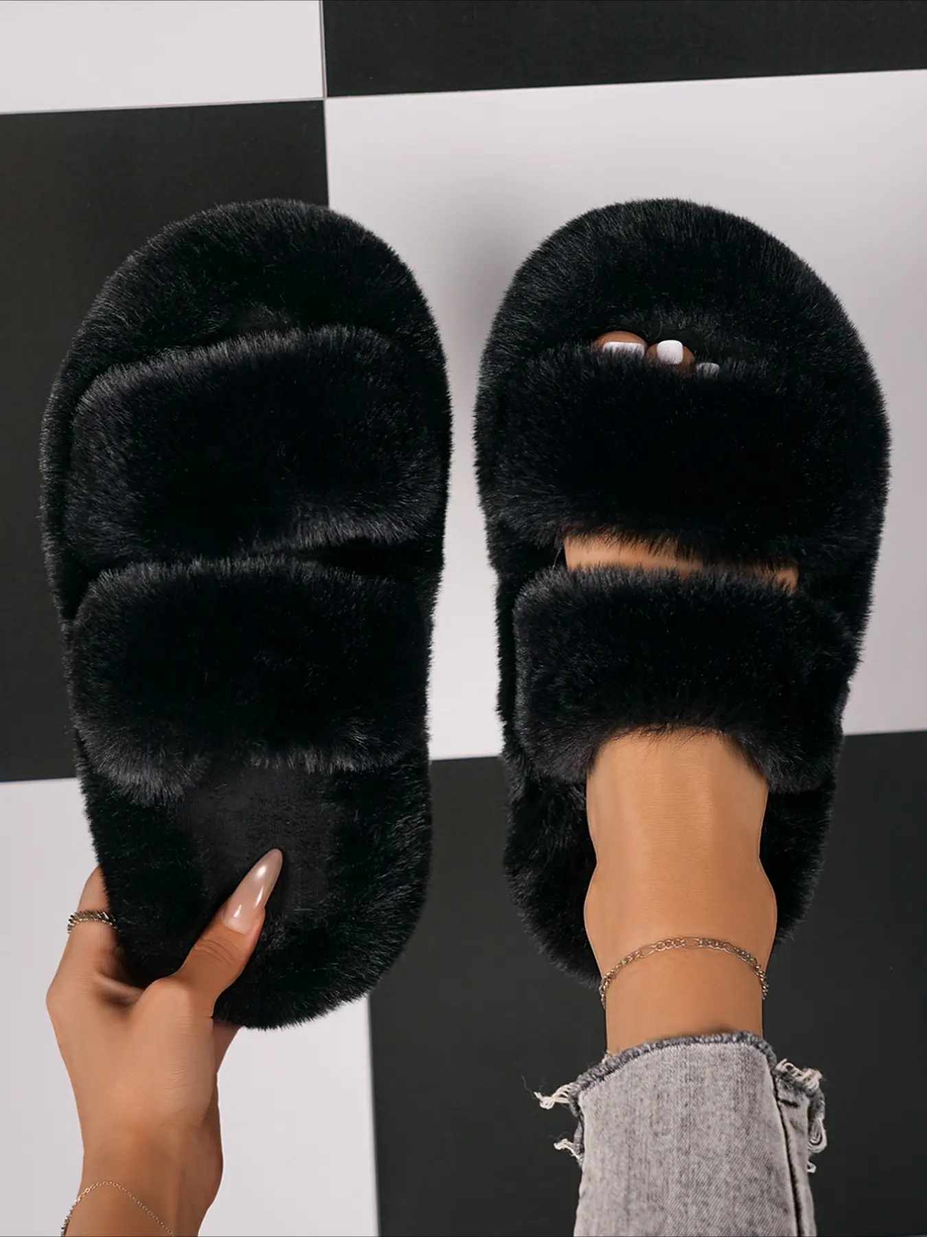 Two-strap fluffy platform slippers soft warm indoor outdoor multi-color trendy fuzzy slides for women Warm House Slippers