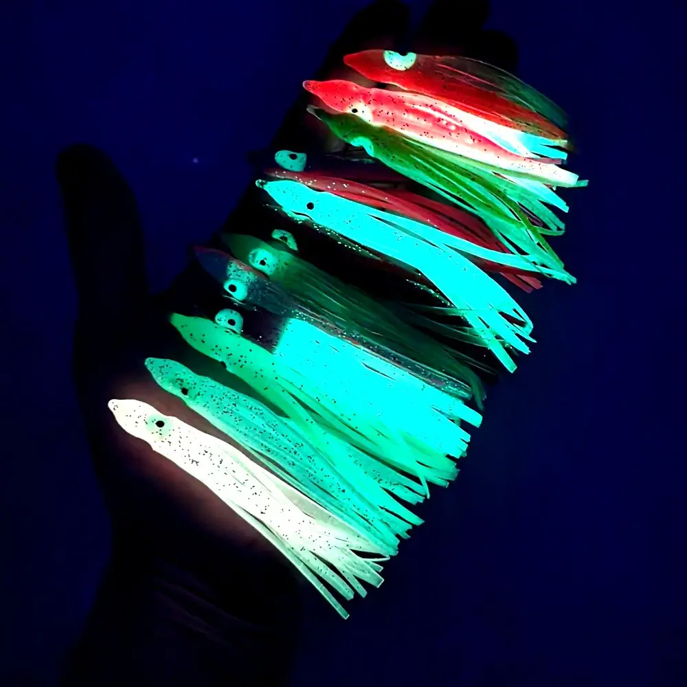 50pcs Glow-In-The-Dark Soft Rubber Squid Lures, Multicolor Trolling Baits for Tuna, Mackerel, Wahoo, Marlin, Saltwater/freshwater Fishing Lure, Artificial Fishing Lures, Fishing Equipment