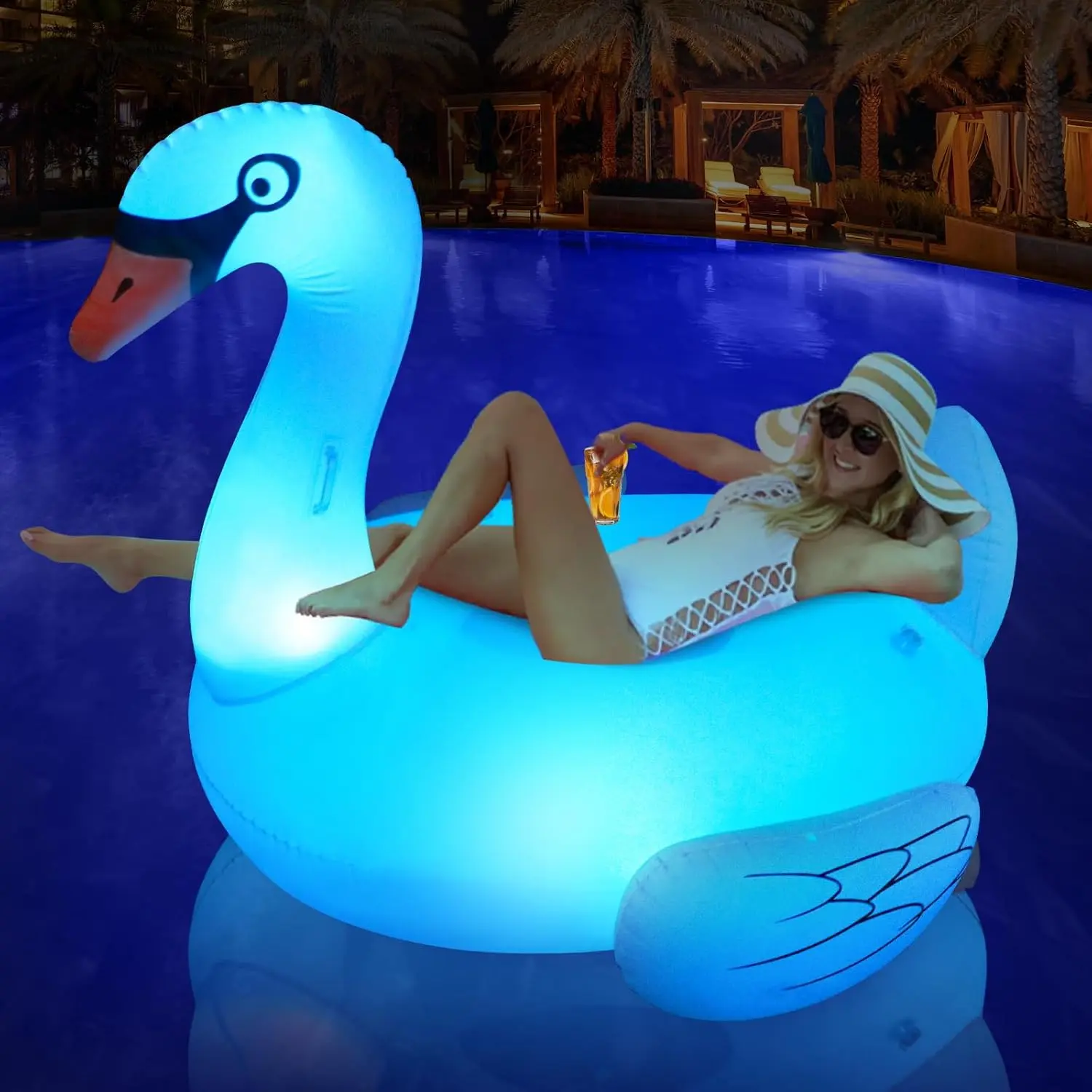 Solar Powered Flamingo Pool Float with LED Color Changing Lights, 69" Large Inflatable Pool Floaties with Cup Holder, Lake Float Lounger, Giant Light up Flamingo Pool Float for Adults