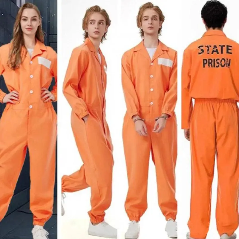 Adult Inmate Costume Halloween Prisoner Cosplay Jumpsuit Lapel Long Sleeve One Piece Unitard Men Orange Prisoner Jail Uniform