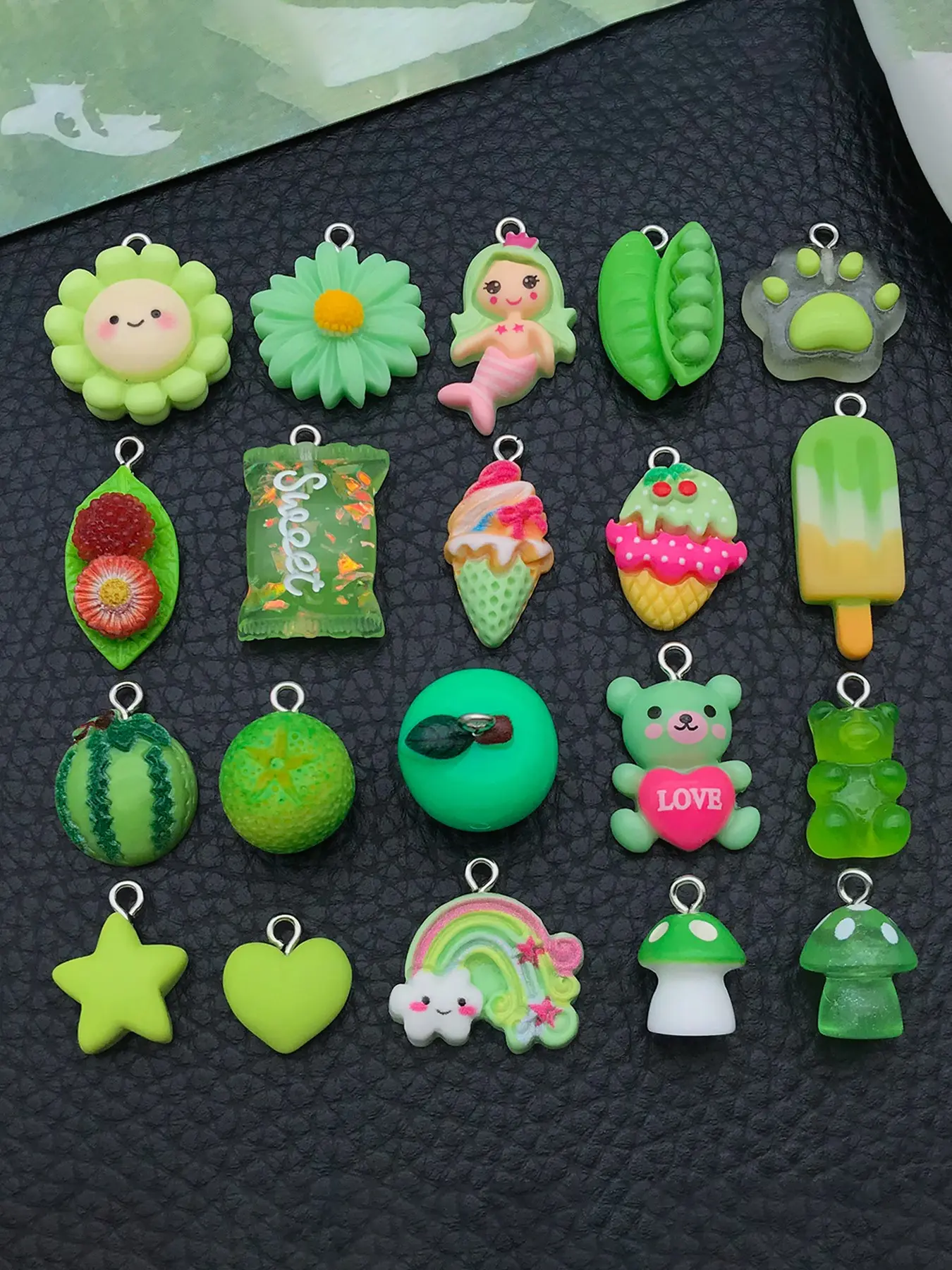 20pcs Mix Green Resin Charms Cute Fruit Teddy Bear Lollipop Ice Cream Art Charms Pendants for DIY Jewelry Making Earrings Necklace Bag Accessories Crafts
