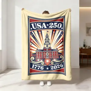 1 piece of American 250th anniversary flannel blanket Independence Hall Bell Tower Fireworks Radiation Beam Five-pointed Point Dot Frame Print Bedroom Lunch Sofa Cover Blanket Outdoor Travel Air-conditioning Blanket All Year round