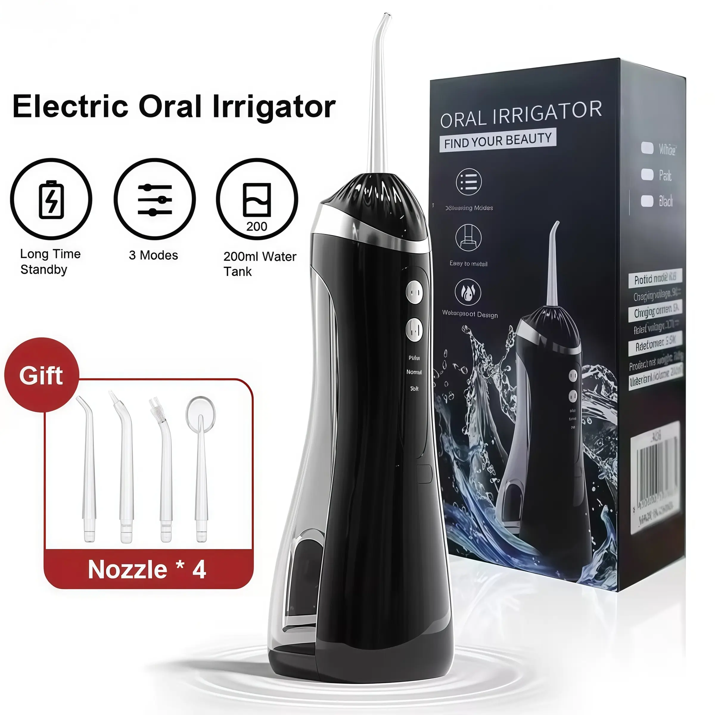 Electric Water Flosser, Water Dental Flosser, USB Rechargeable 1200mah Battery, 3 Modes, 4 Heads, Oral Irrigator for Home, Office, Travel, Men & Women