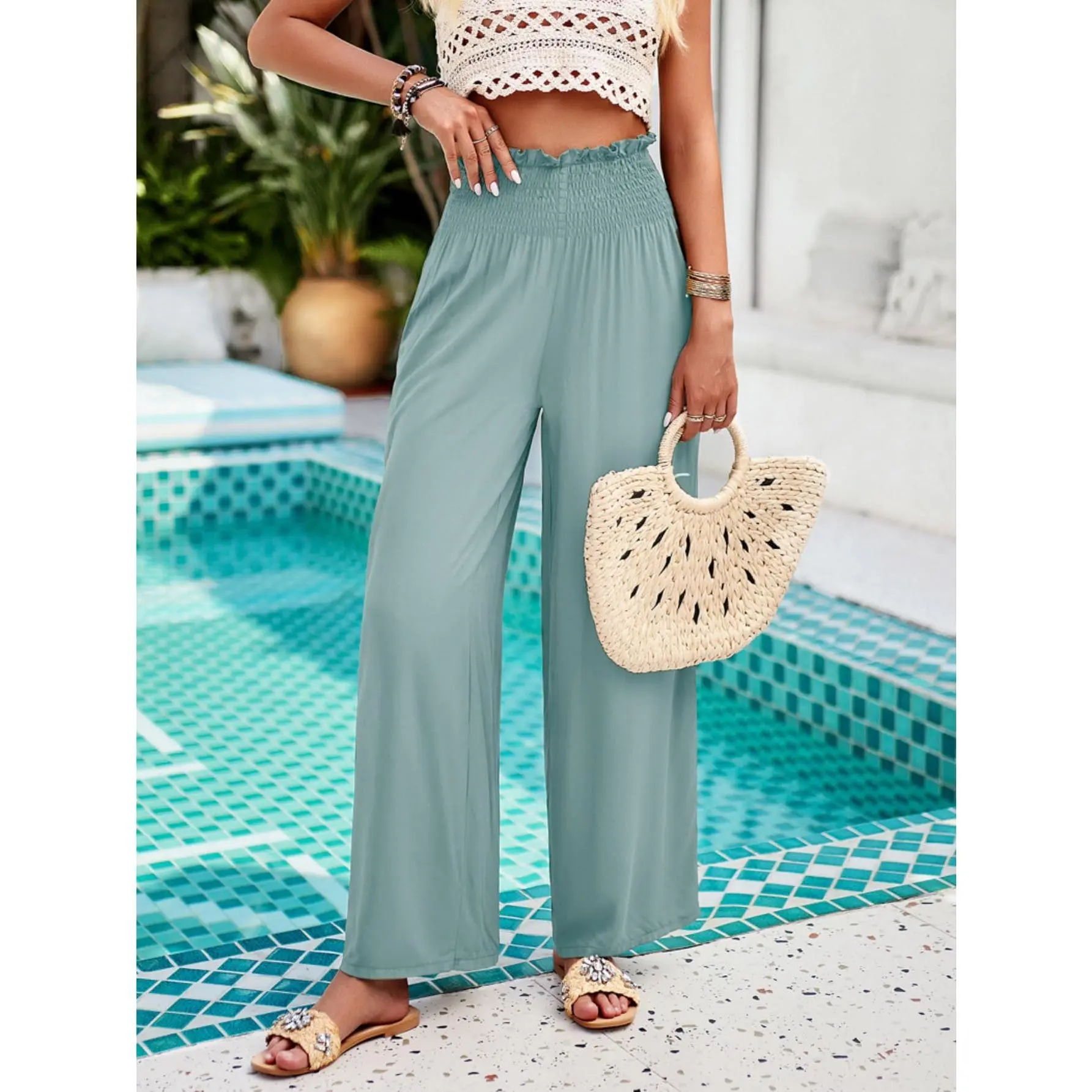 YF Women Smocked Ruffle High Waist Wide Leg Long Pants, 100% Viscose Slightly Elastic Casual Trousers with Side Pockets, Solid Flowy Vacation Palazzo Pants, Summer Beach Travel Commute Bottom Gift for Her Sage Green Multi Sizes Breathable