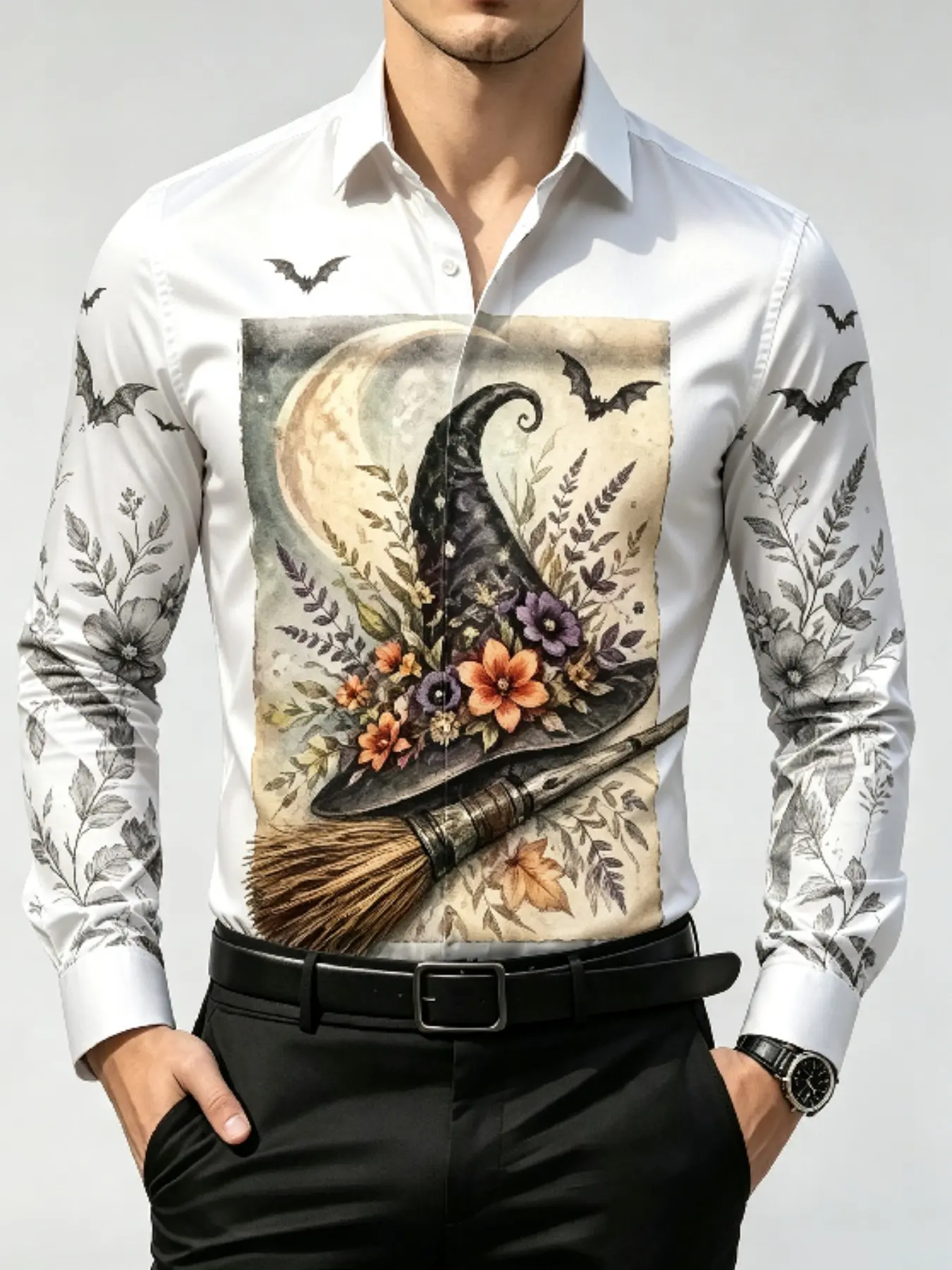Men's Lapel Long Sleeve Button Down Shirt Sublimation Fabric Halloween Skeleton Jack O Lantern Skull Graveyard Iron Fence Print Red White Striped Sleeve Slim Fit Spooky Night Theme Party Casual Shirt