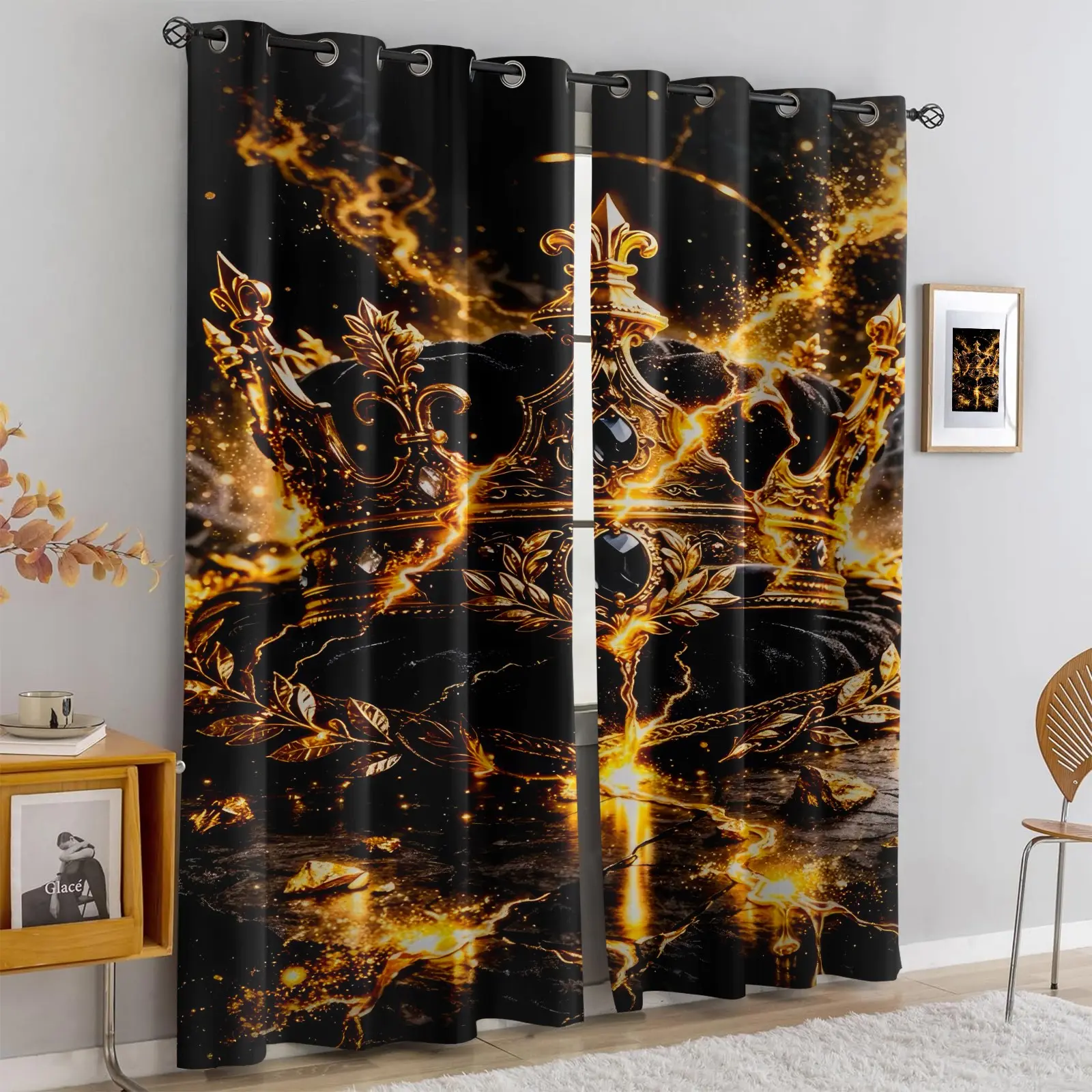 2pcs Gold Crown Digital Print Blackout Curtains, Luxurious Royal Theme, 3d Patterned Decorative Curtains, Made Of Soft Polyester Fiber, Multiple Sizes, Suitable For Bedroom And Living Room DéCor, Window Drapes, Machine Washable.