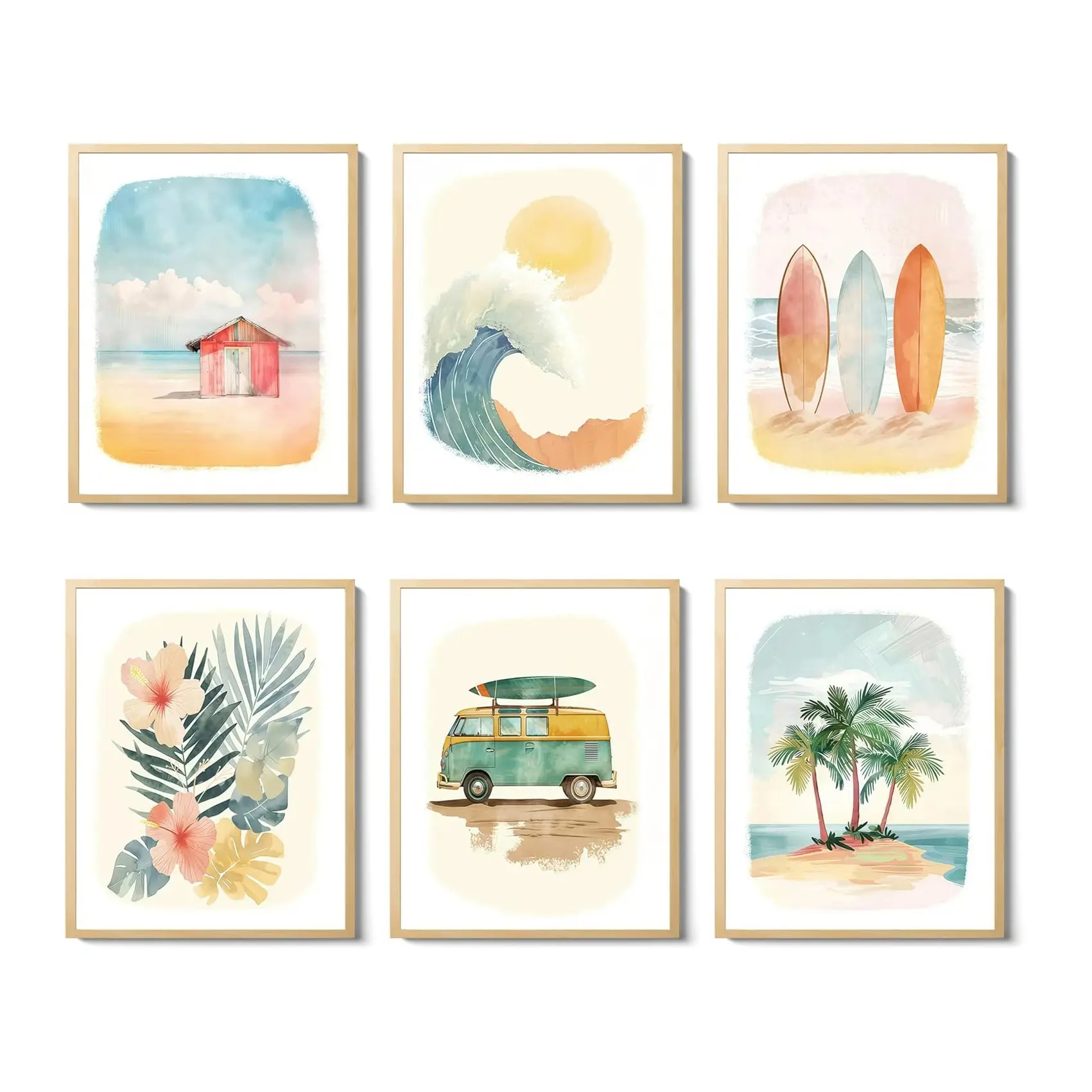 Beach Nursery Poster, Set of 6 Ocean Kids Wall Art Watercolor Summer Surf Wall Decor Beachy Boys Room Decor Bedroom Art Funny Teen Coastal Surfboard Canvas Prints Aesthetic Unframed