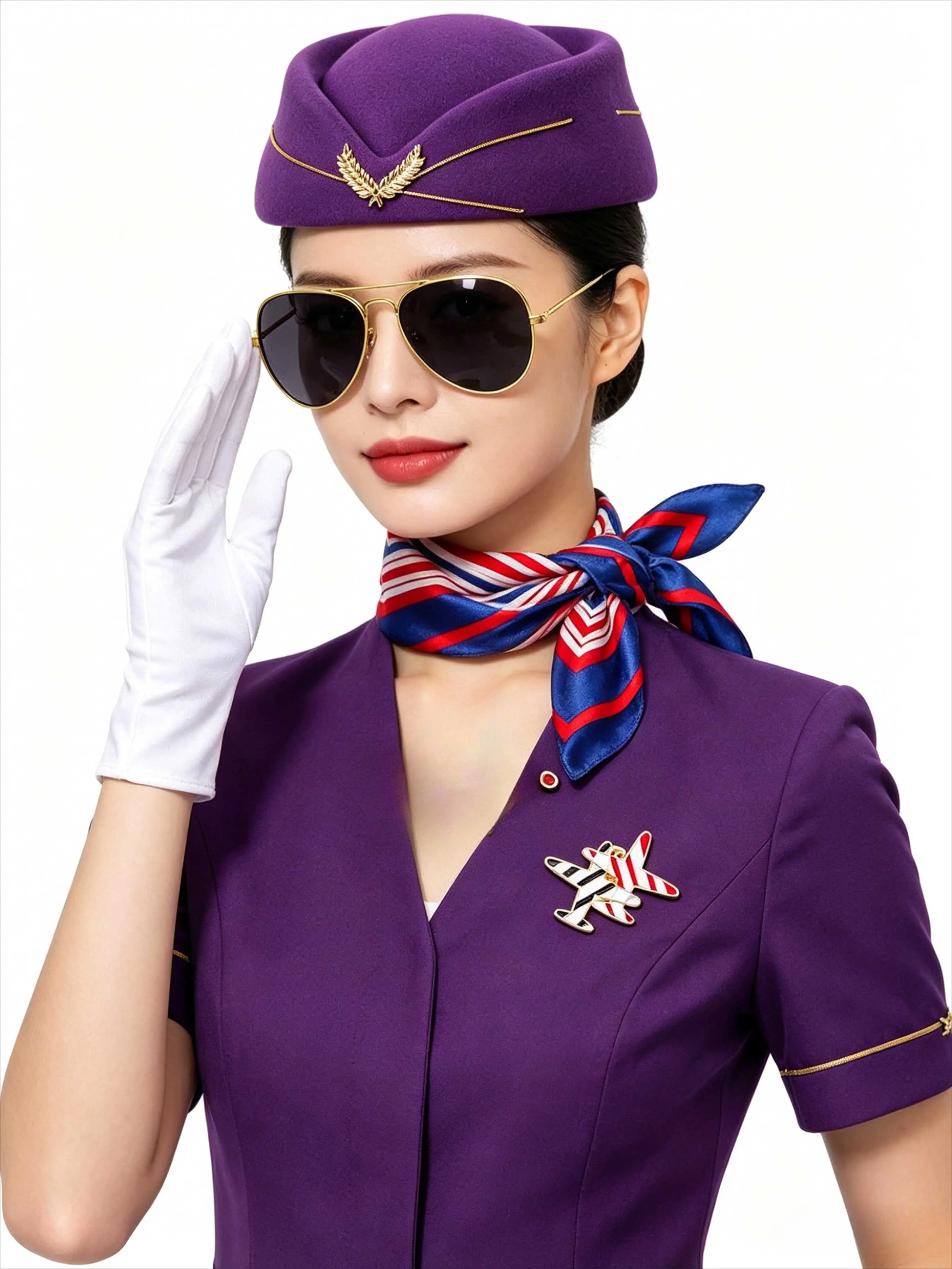 5pcs Flight Attendant Costume Set, Includes Hat, Scarf, Gloves, Sunglasses, Airplane Pin, Halloween Aviation Theme Accessories