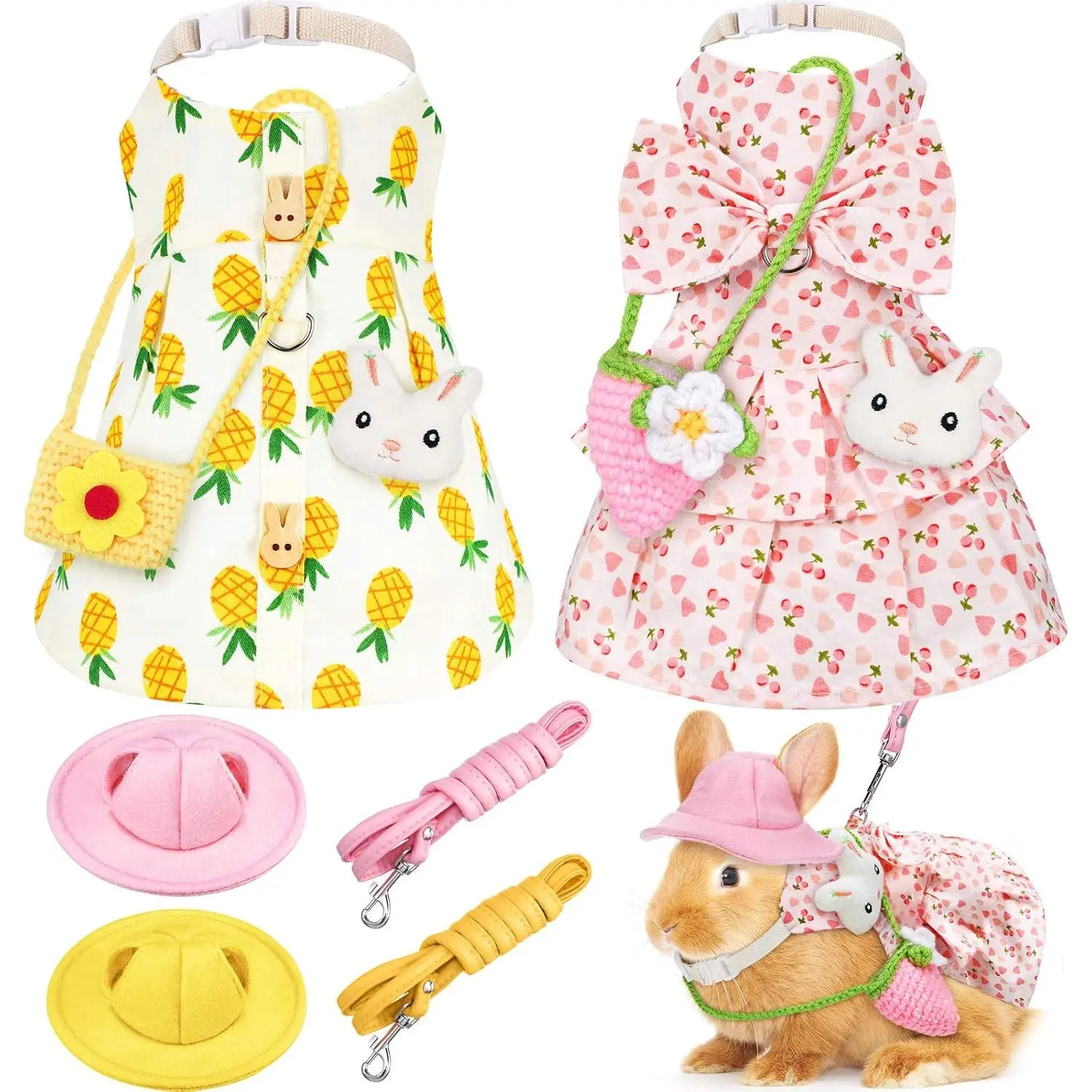 Small Pet Clothing & Outfits with Gear - 2 Sets Including Adjustable Leash, Harness, Hat, Mini Bag for Bunny Hedgehog