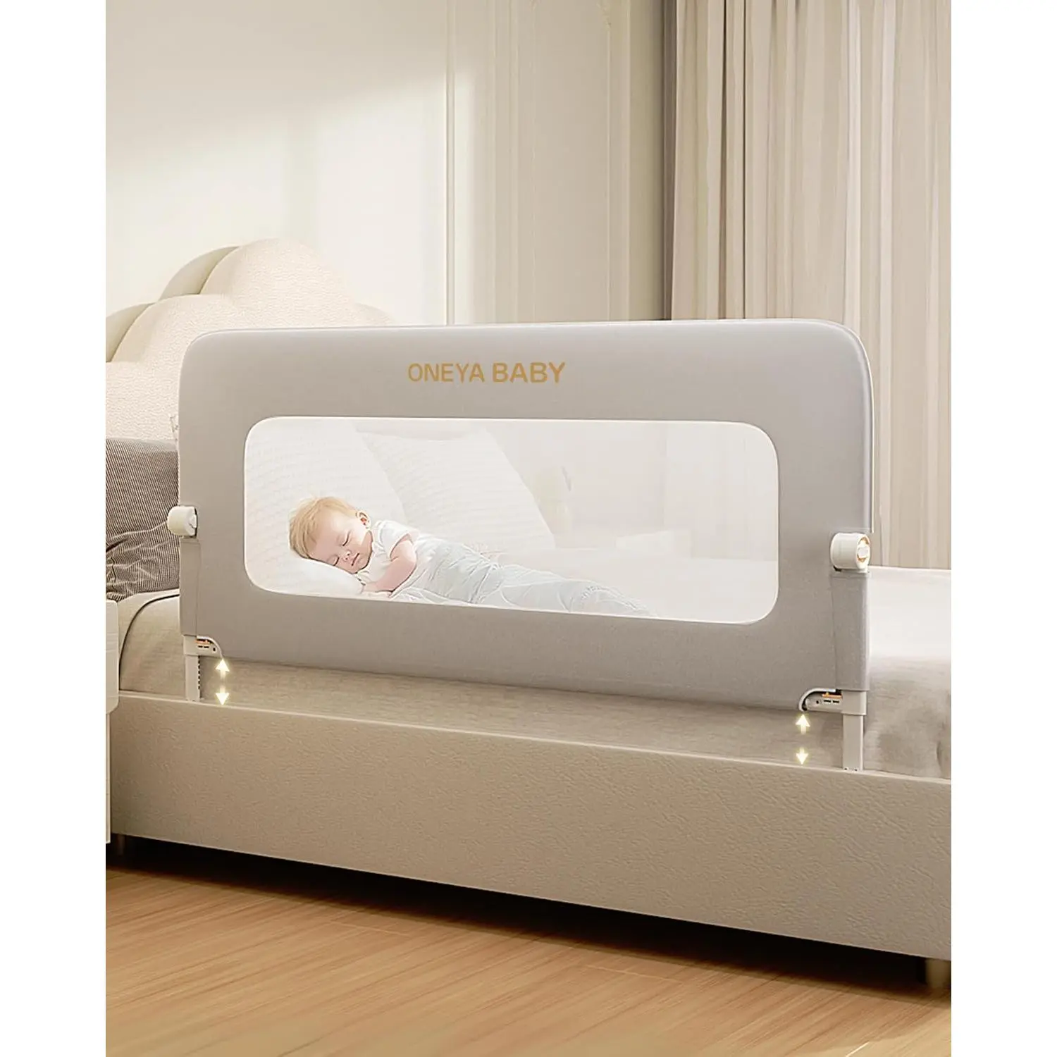 59in 27"H Thickened Extra Tall Swing Down Safety Toddler Bed Rail Guard for Twin Full Queen King Bunk Size Bed White Grey
