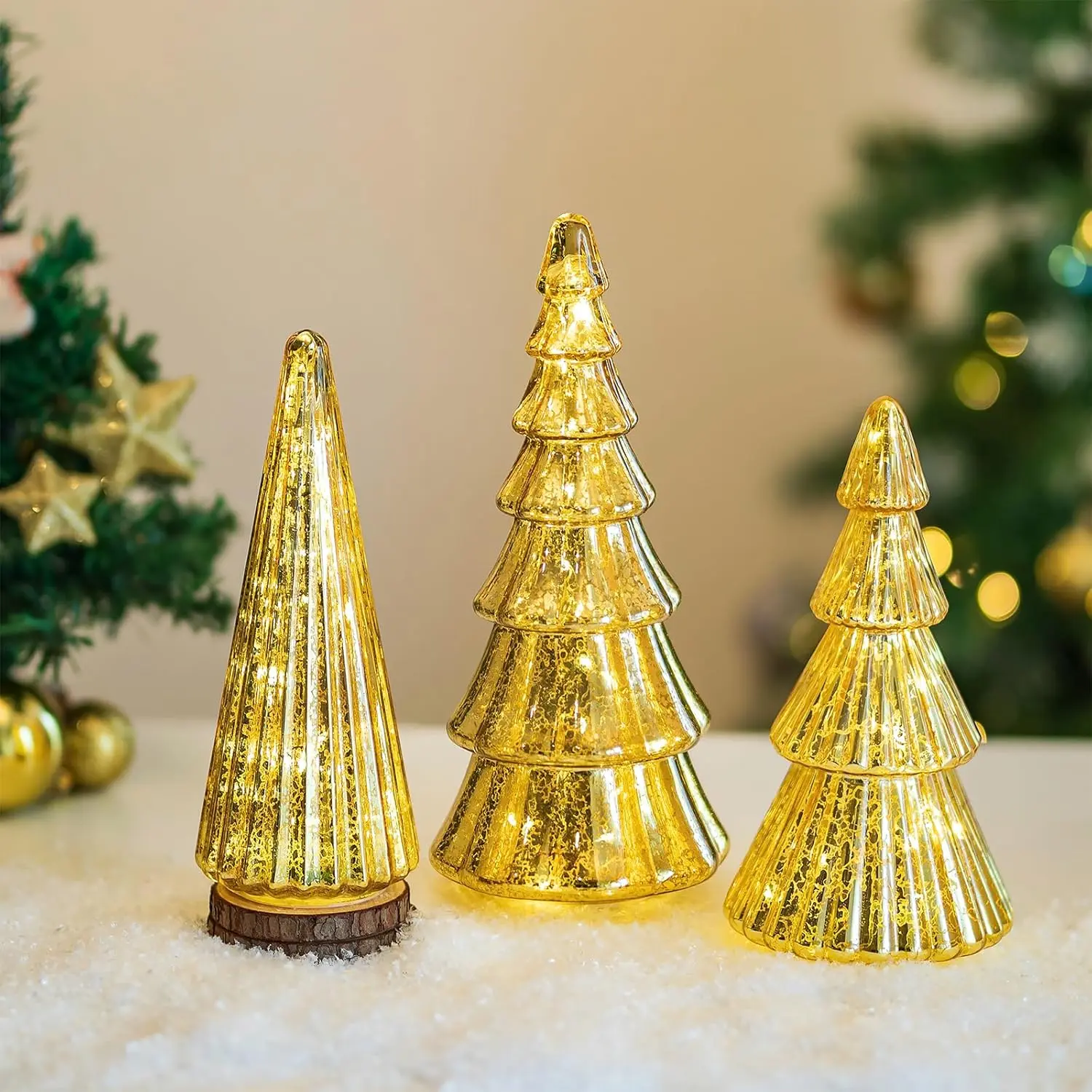 Mercury Glass Christmas Tree: Set of 3  Table Top Christmas Ornaments Trees with LED Lights, Christmas Centerpiece Table Decorations Indoor for Dining Fireplace Mantel Winter Holiday Decor