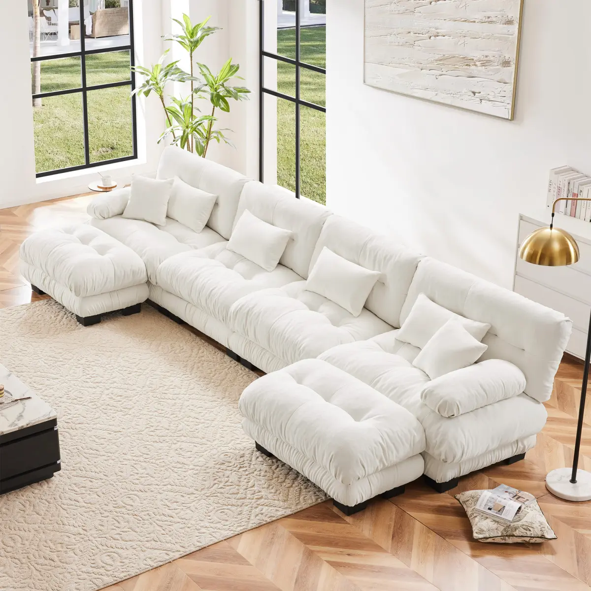 Aobtkel Vintage L-Shaped Chenille Fabric Sectional Sofa, 4-Seaters Modular Free Combination Couch with Convertible Ottoman for Living Room, Gray