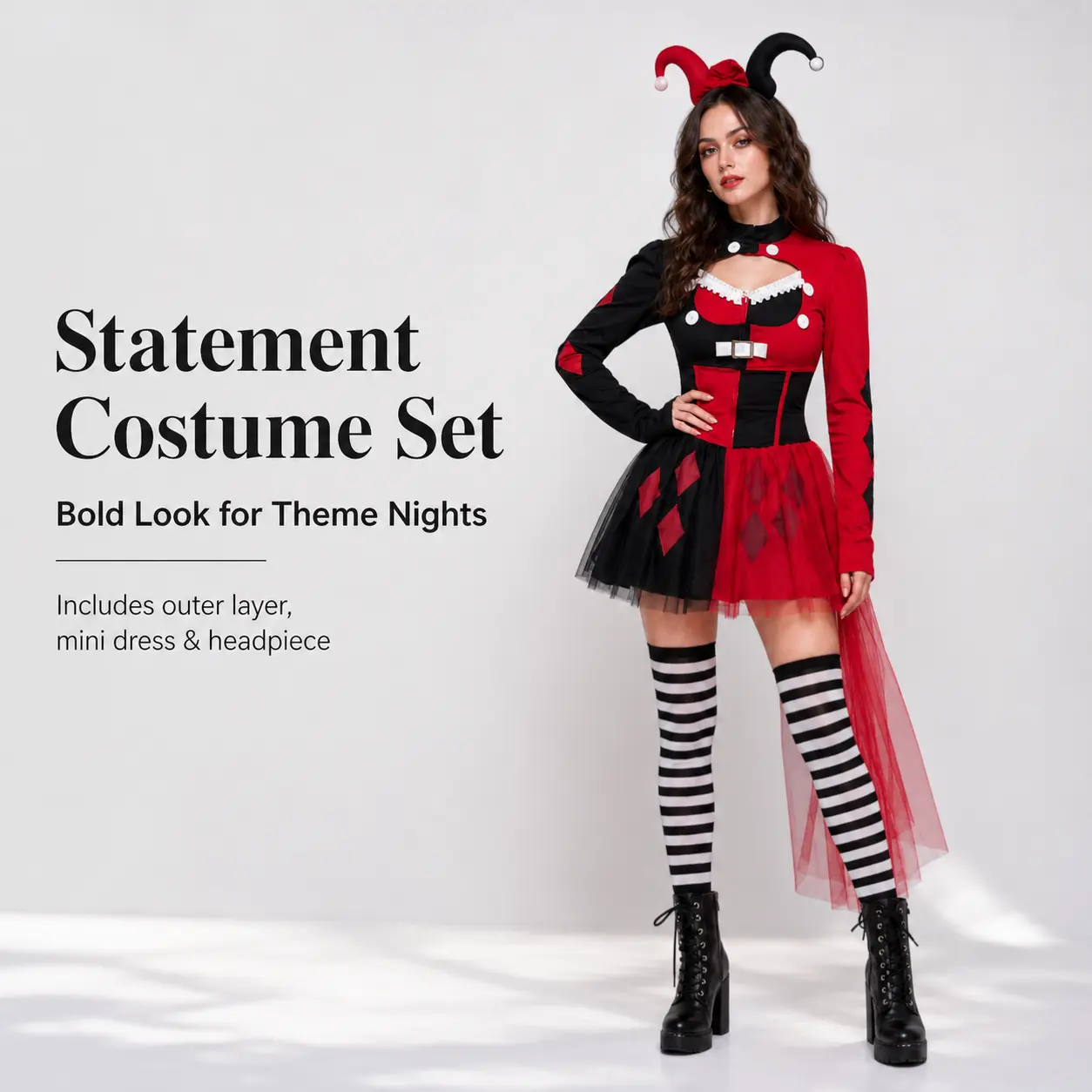 Women's Jester Clown Cosplay Coat-Dress-Head Set, Red & Black Color Block Costume with Adjustable Back, Diamond Pattern, All Seasons, Cold Wash Care for Halloween Carnival