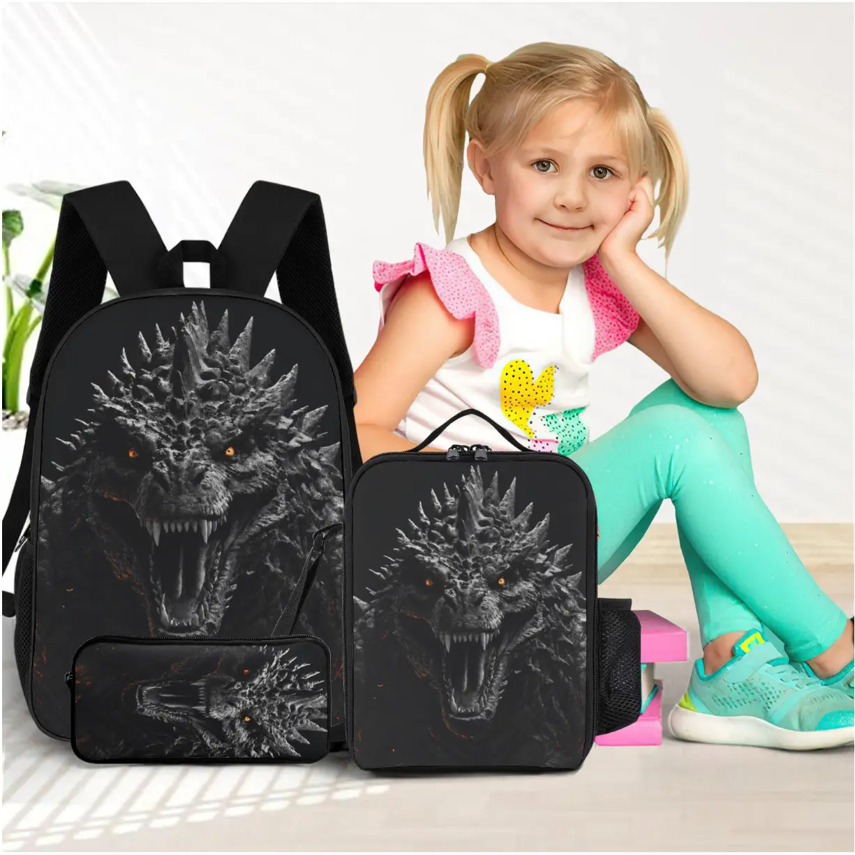 Three-piece black Godzilla-themed print schoolbag, suitable for daily commuting. This is a must-have set for children during the school start season. Back-to-school season