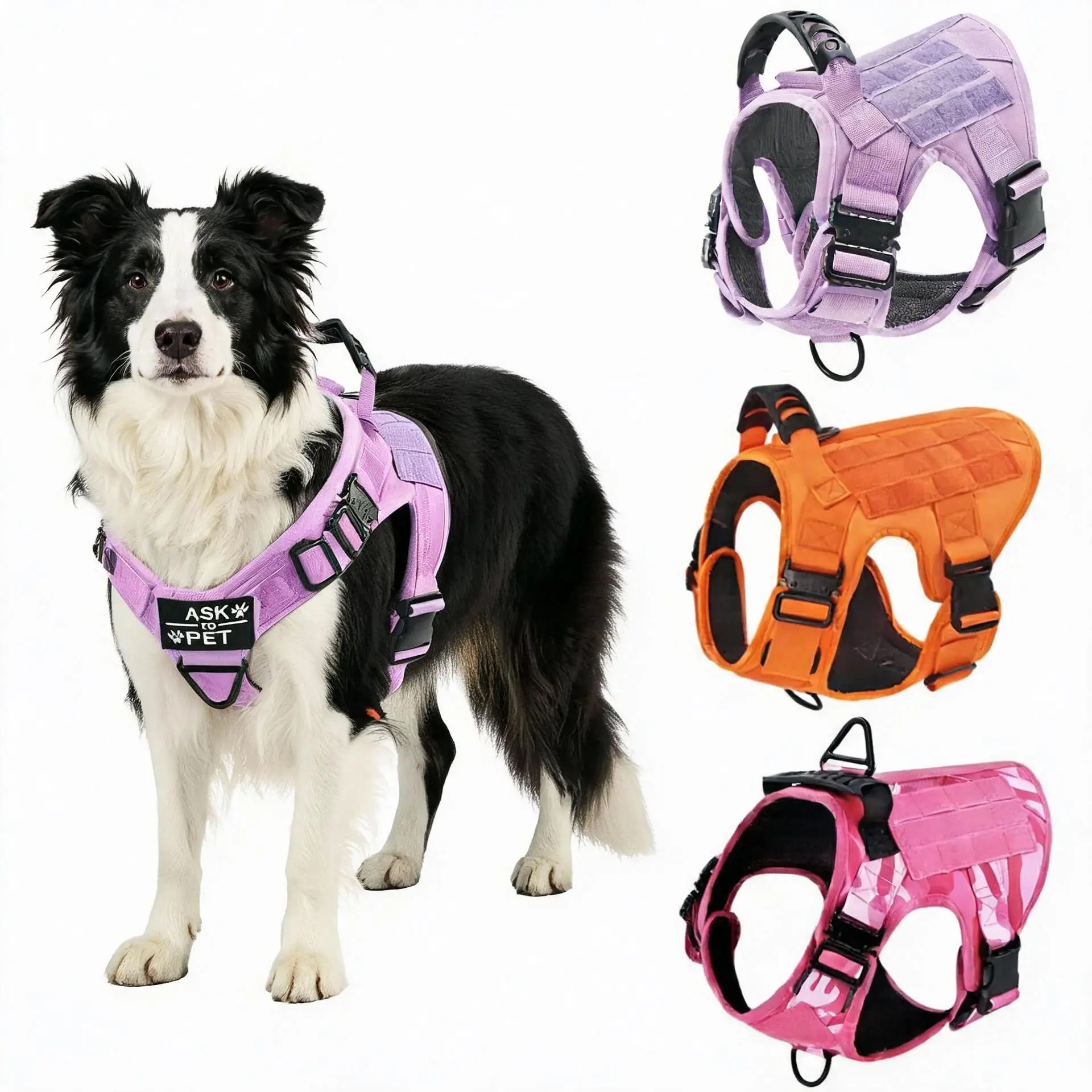 Tactical Dog Harness (Pink, Purple, Orange), Adjustable Dog Chest Harness, Service Dog Harness, with control handle, suitable for medium to large breeds for Dobermans, German Shepherds, outdoor use