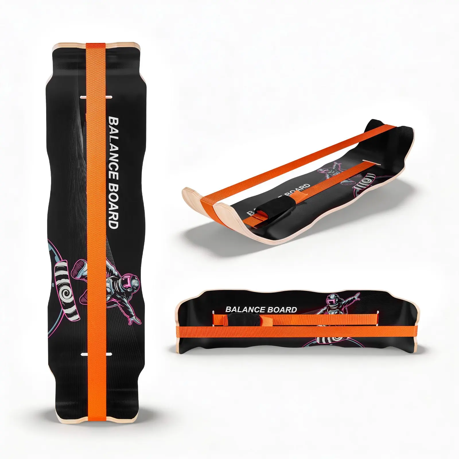 VEVOR Wooden Balance Board, Wobble Board Trainer for Adults, Compact Lightweight Core Workout Equipment, for Home Gym, Standing Desk Exercise (Black & Orange), Curved