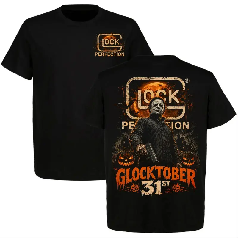 Graphic T-Shirt Michael Myers Glocktober 31st Tee, Glock Perfection Halloween Horror Pumpkin Gun Funny 2 Sided Graphic Shirt, Vintage Halloween Short Sleeve Casual Unisex T-Shirt for Men Women, Horror Fan Gift