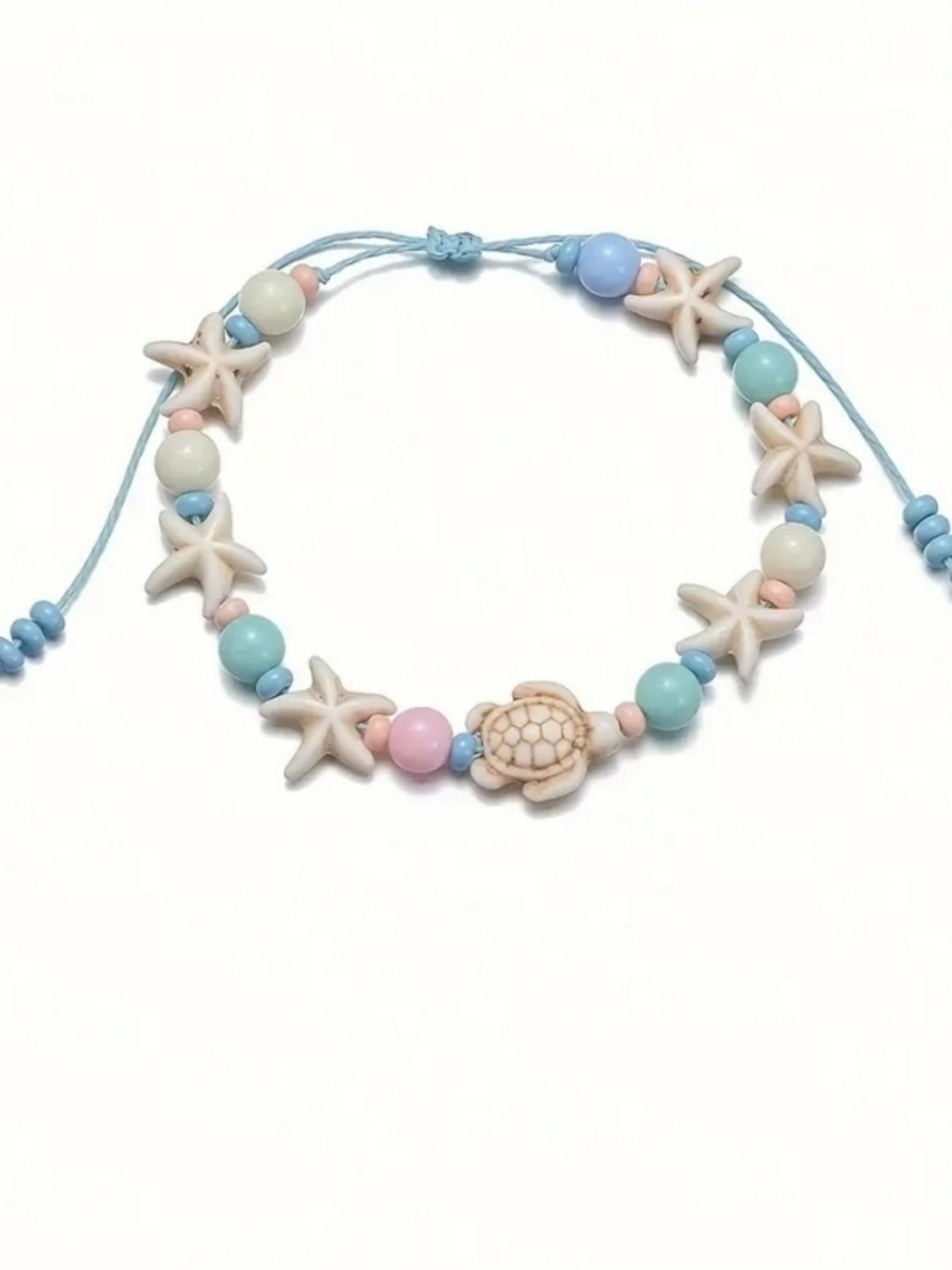Fashionable Starfish & Turtle Design Beaded Anklet, Fashion Jewelry for Party, Daily Clothing Decor, Trendy All-match & Exquisite Jewelry for Birthday Gift