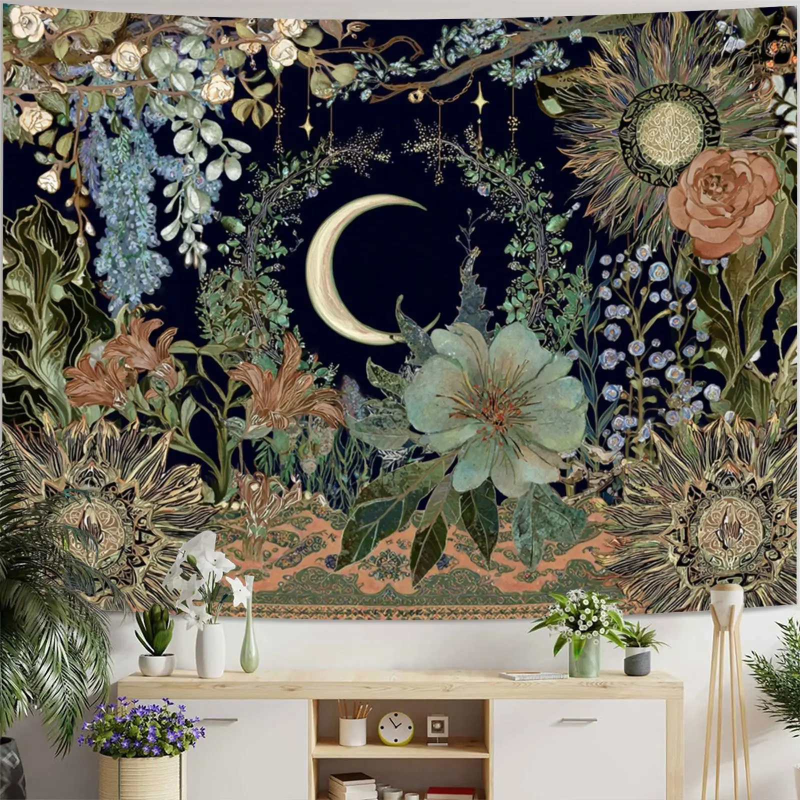 Sun And Moon Tapestry Vintage Bohemian Wall Hanging Night Moon Lush Flowers Dreamy Realm Blooming Tapestry Wall Hanging Durable Polyester Fabric, Perfect for Living Room, Bedroom Or Dorm Wall Decor, Bedroom Artwork