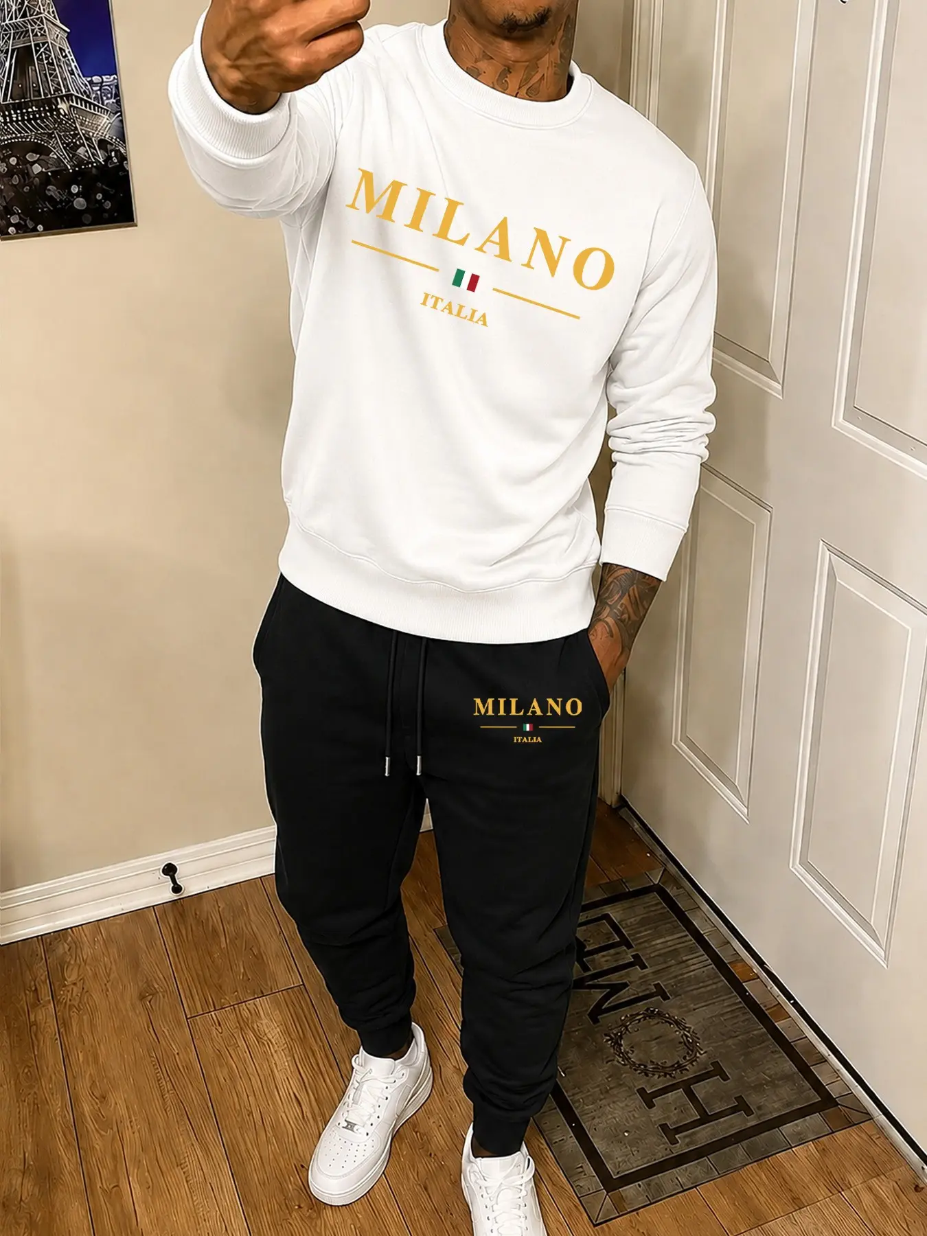 Premium Milano Italia Tracksuit Men's 2 Piece Graphic Sweatsuit Set - Comfy Slim Fit Crewneck Sweatshirt & Joggers - Aesthetic Fashion Streetwear for Casual Daily & Airport Outfit